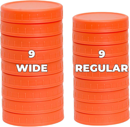 18 Pack Plastic Mason Jar Lids with Silicone Rings in 9 Colors - Wide Mouth & Regular Mouth Canning Lids for Ball, Kerr, and More