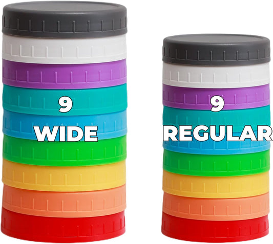 18 Pack Plastic Mason Jar Lids with Silicone Rings - 9 Wide Mouth & 9 Regular Mouth Canning Lids in 9 Colors - Fits Ball, Kerr, and More