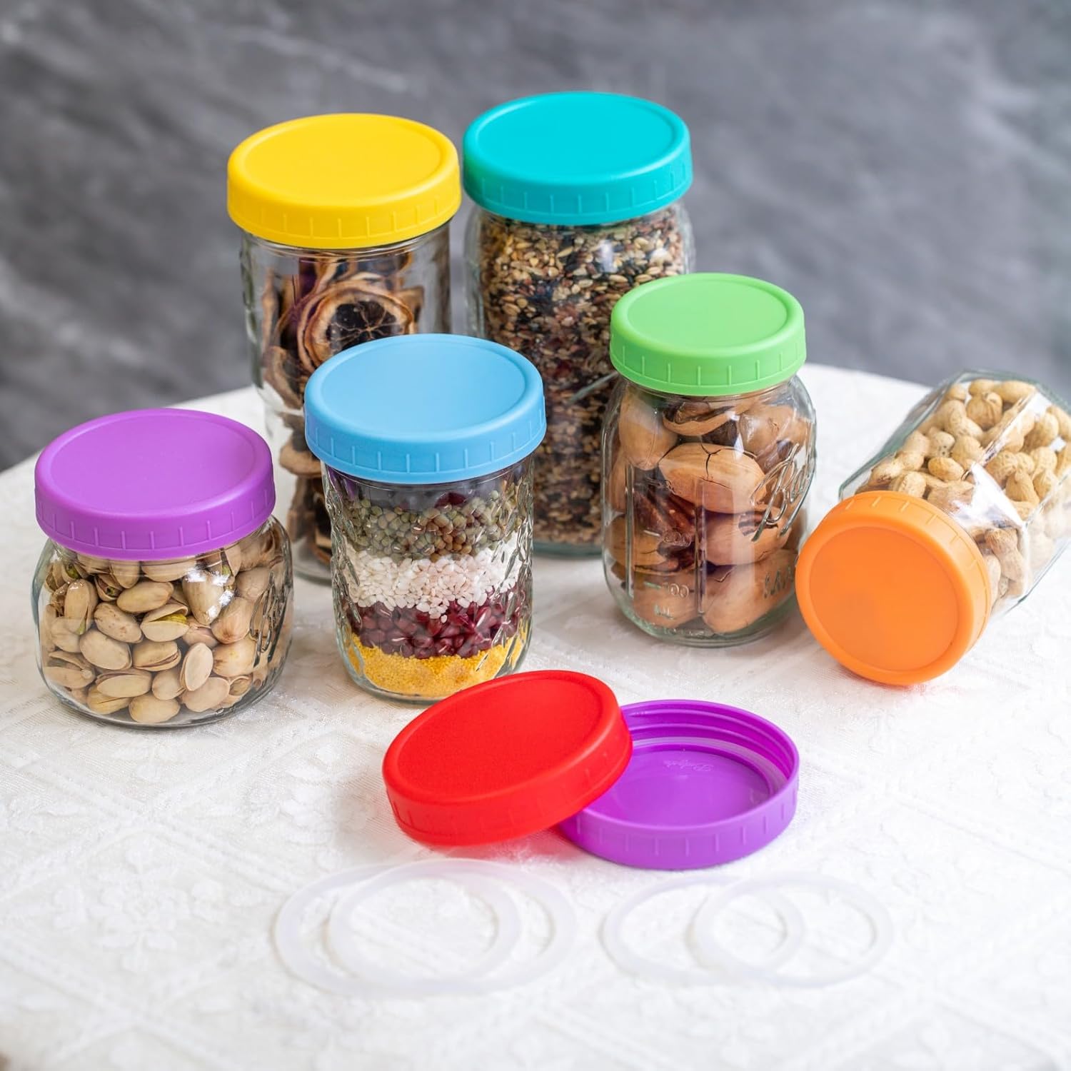 18 Pack Plastic Mason Jar Lids with Silicone Rings - 9 Wide Mouth & 9 Regular Mouth Canning Lids in 9 Colors - Fits Ball, Kerr, and More