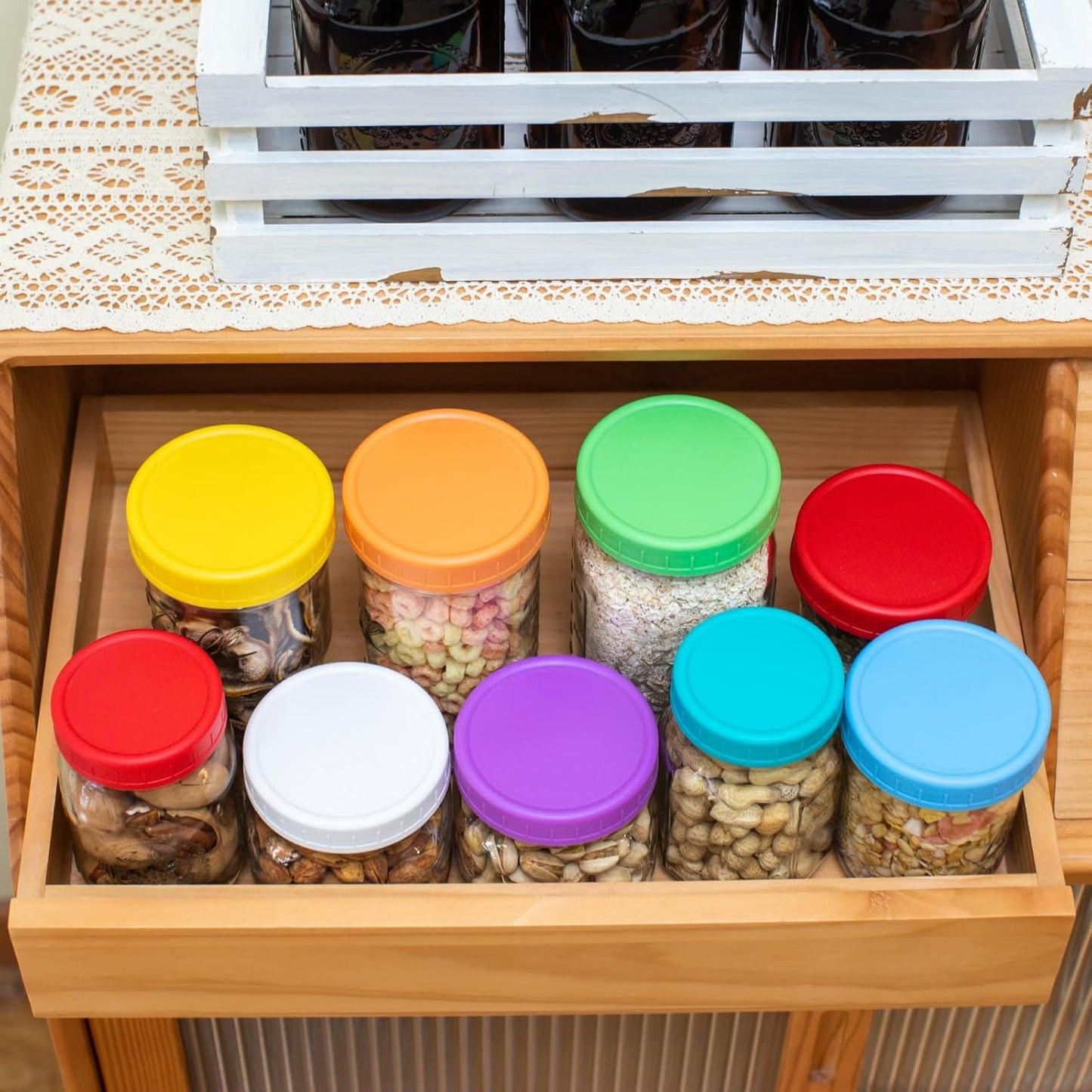 18 Pack Plastic Mason Jar Lids with Silicone Rings in 9 Colors - Wide Mouth & Regular Mouth Canning Lids for Ball, Kerr, and More