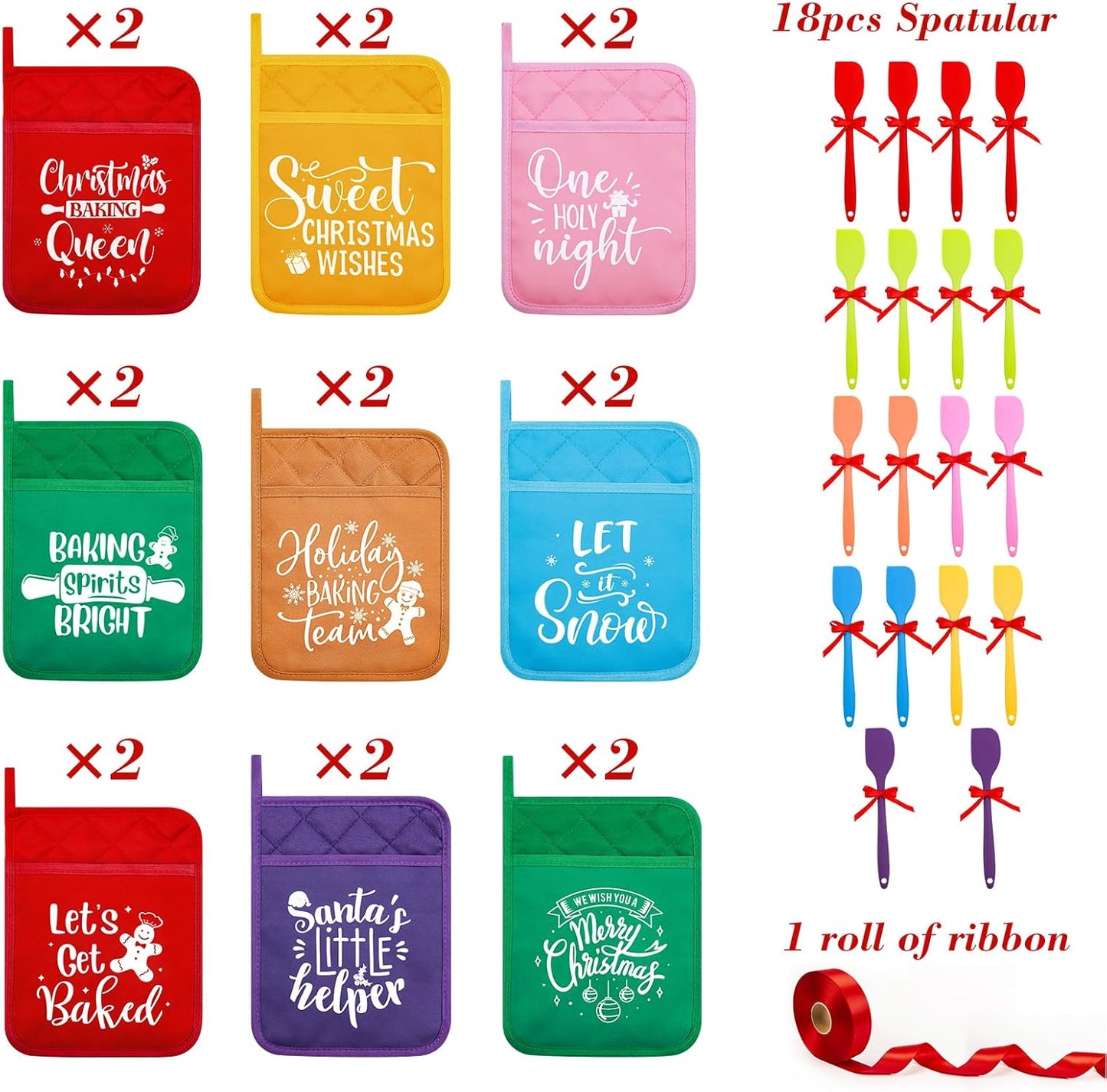18-Piece Christmas Kitchen Utensil Set with Pot Holders, Silicone Spatula, and Ribbons - Perfect Baking Gifts for Xmas