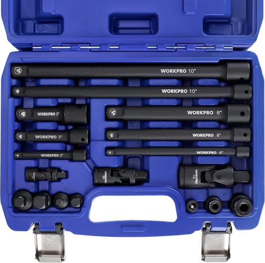 18-Piece WORKPRO Drive Tool Accessory Set with Socket Adapters, Extension Bar, Swivel Joints, and Impact Coupler for 1/4", 3/8", and 1/2" Drive Sizes