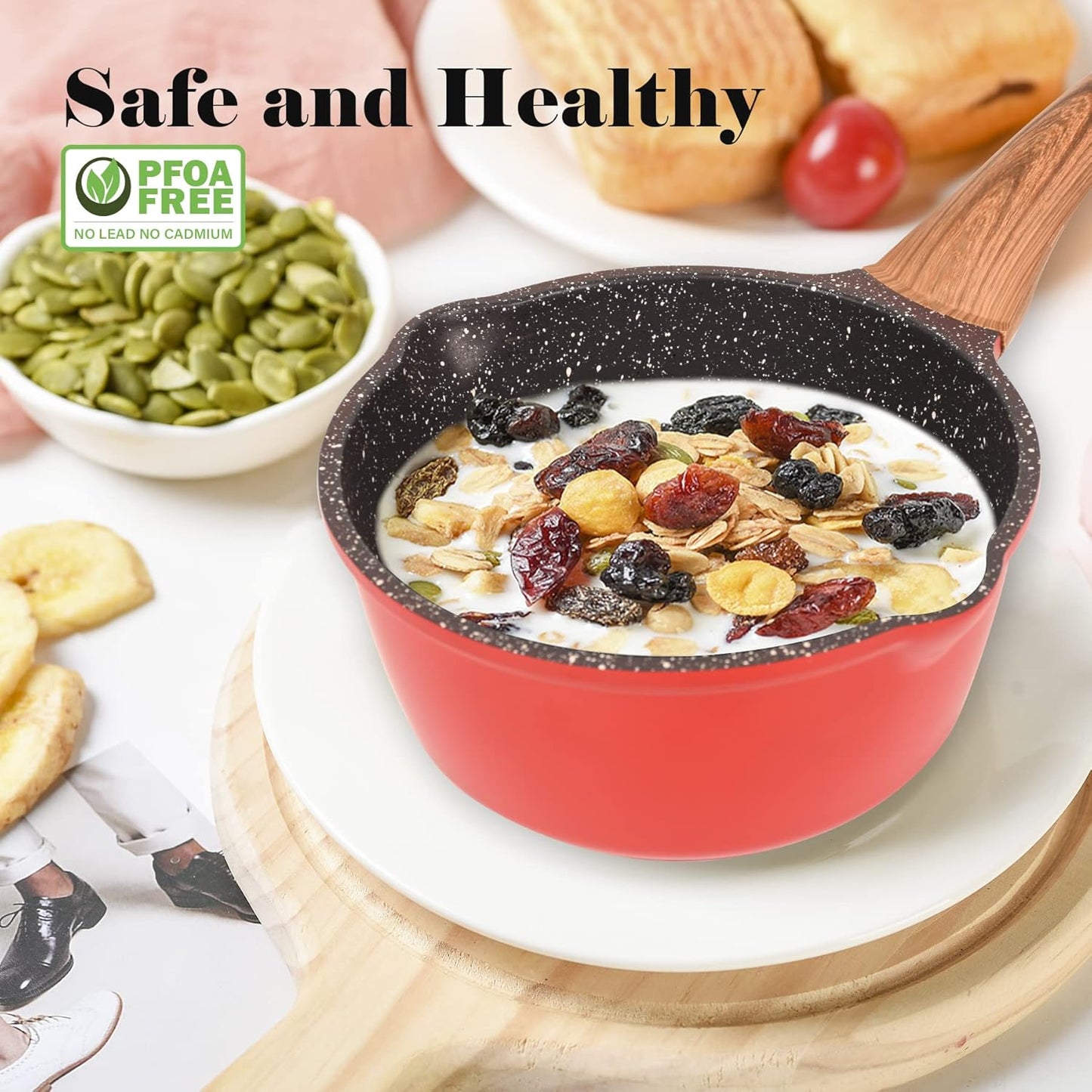 1.8 Quart Nonstick Saucepan with Lid in Classic Red Granite Coating - Ideal for Cooking Pasta, Soup, and Milk on All Stovetops