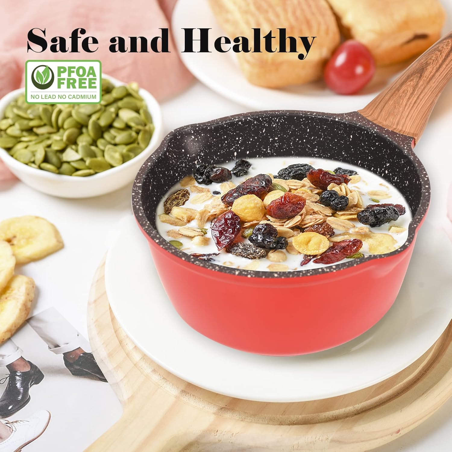 1.8 Quart Nonstick Saucepan with Lid in Classic Red Granite Coating - Ideal for Cooking Pasta, Soup, and Milk on All Stovetops