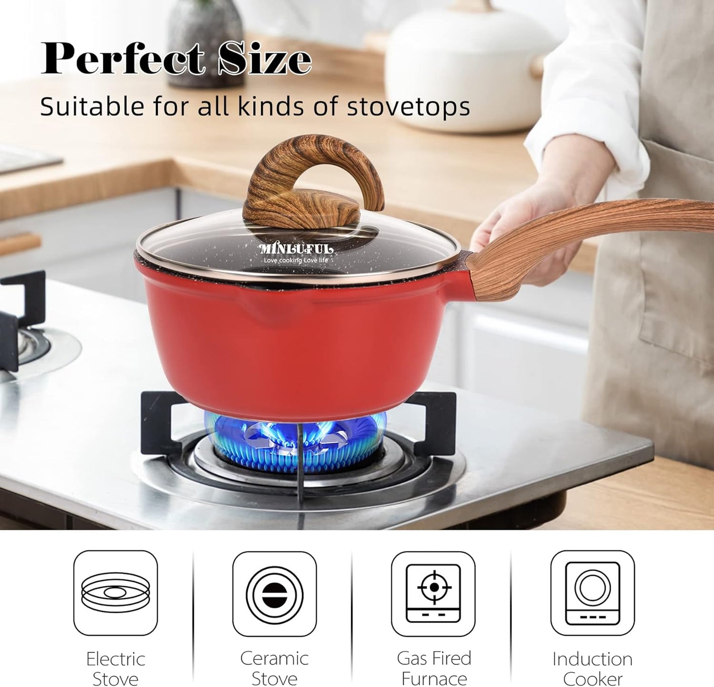 1.8 Quart Nonstick Saucepan with Lid in Classic Red Granite Coating - Ideal for Cooking Pasta, Soup, and Milk on All Stovetops