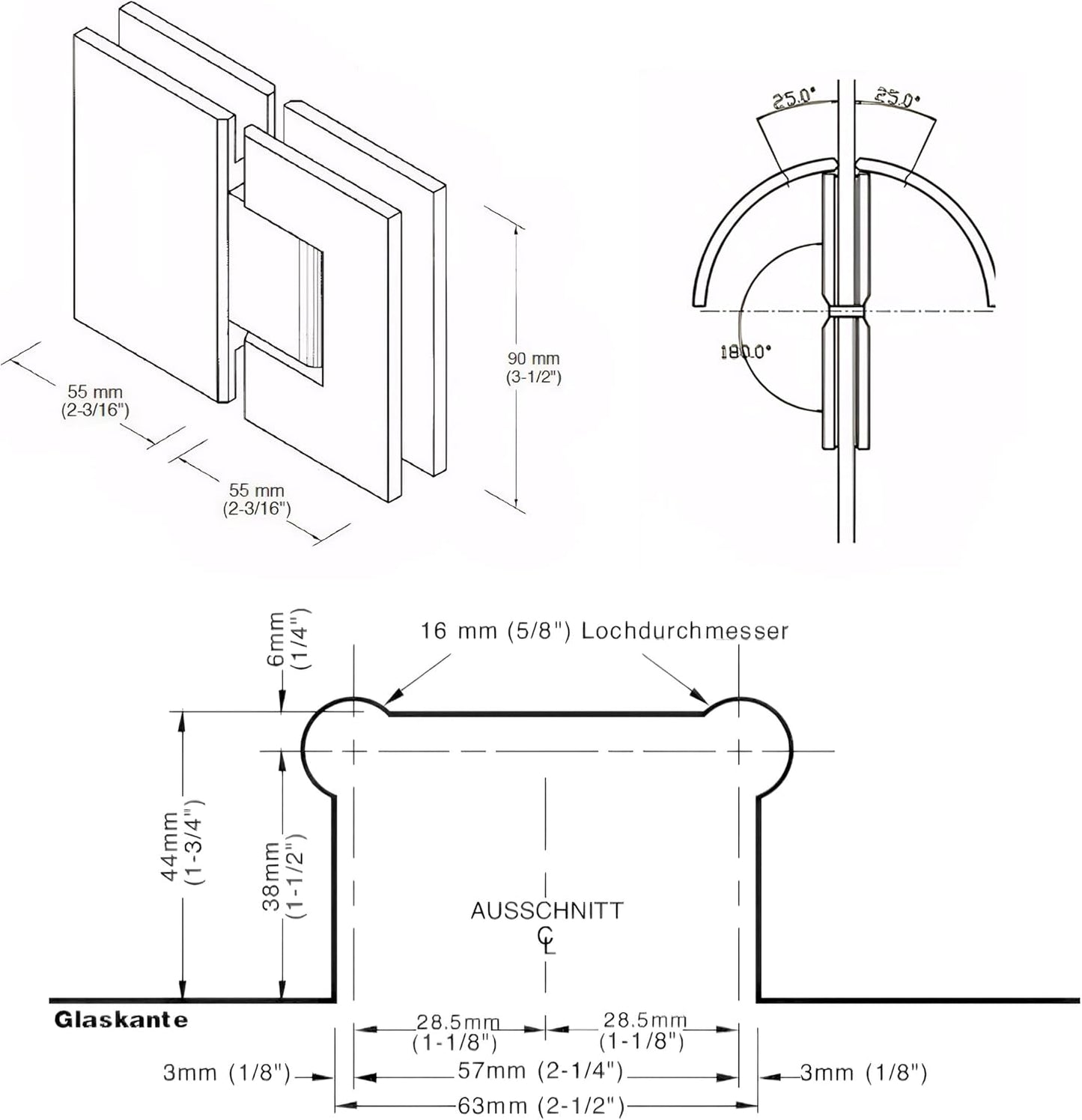 180 Degree Brass Glass Shower Door Hinges Kit, Heavy-Duty Replacement for 10-12mm Frameless Doors, Chrome Finish