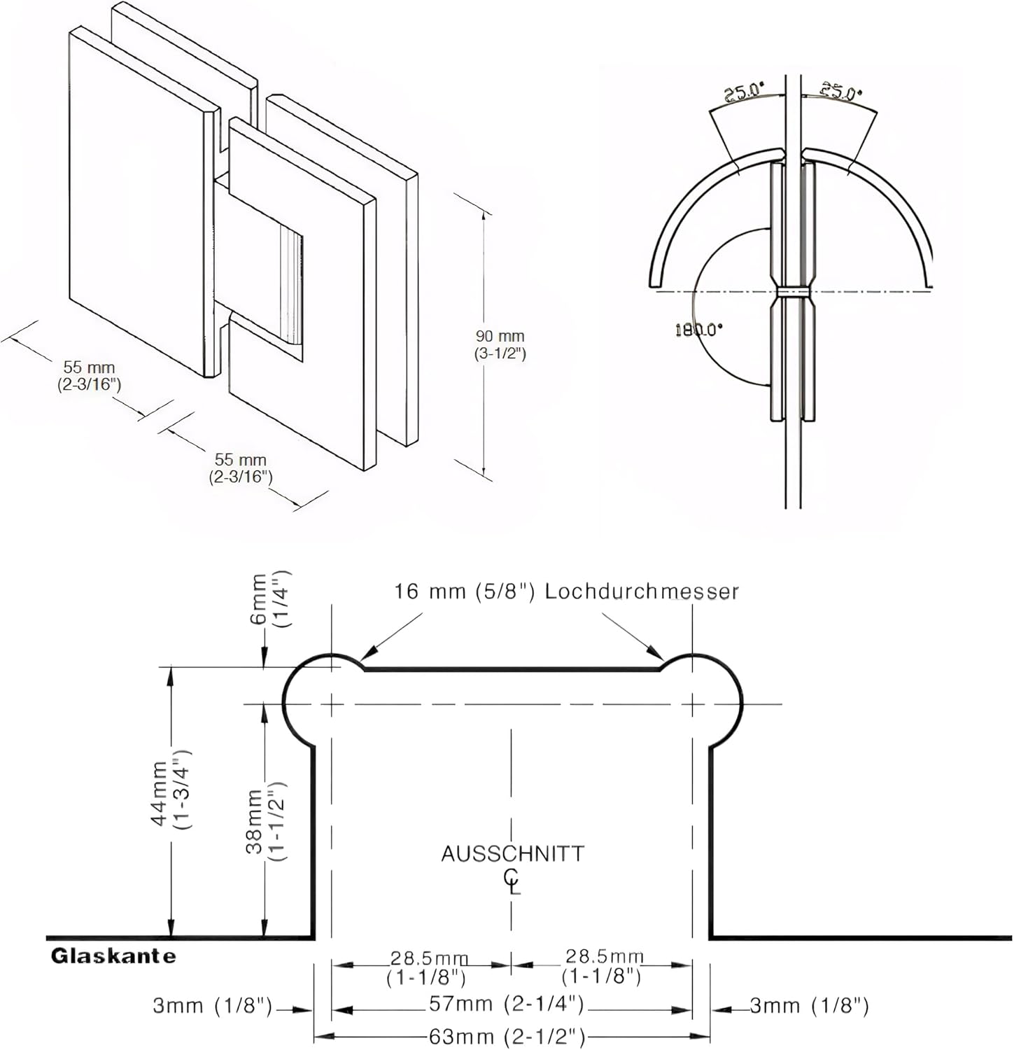 180 Degree Brass Glass Shower Door Hinges Kit, Heavy-Duty Replacement for 10-12mm Frameless Doors, Chrome Finish