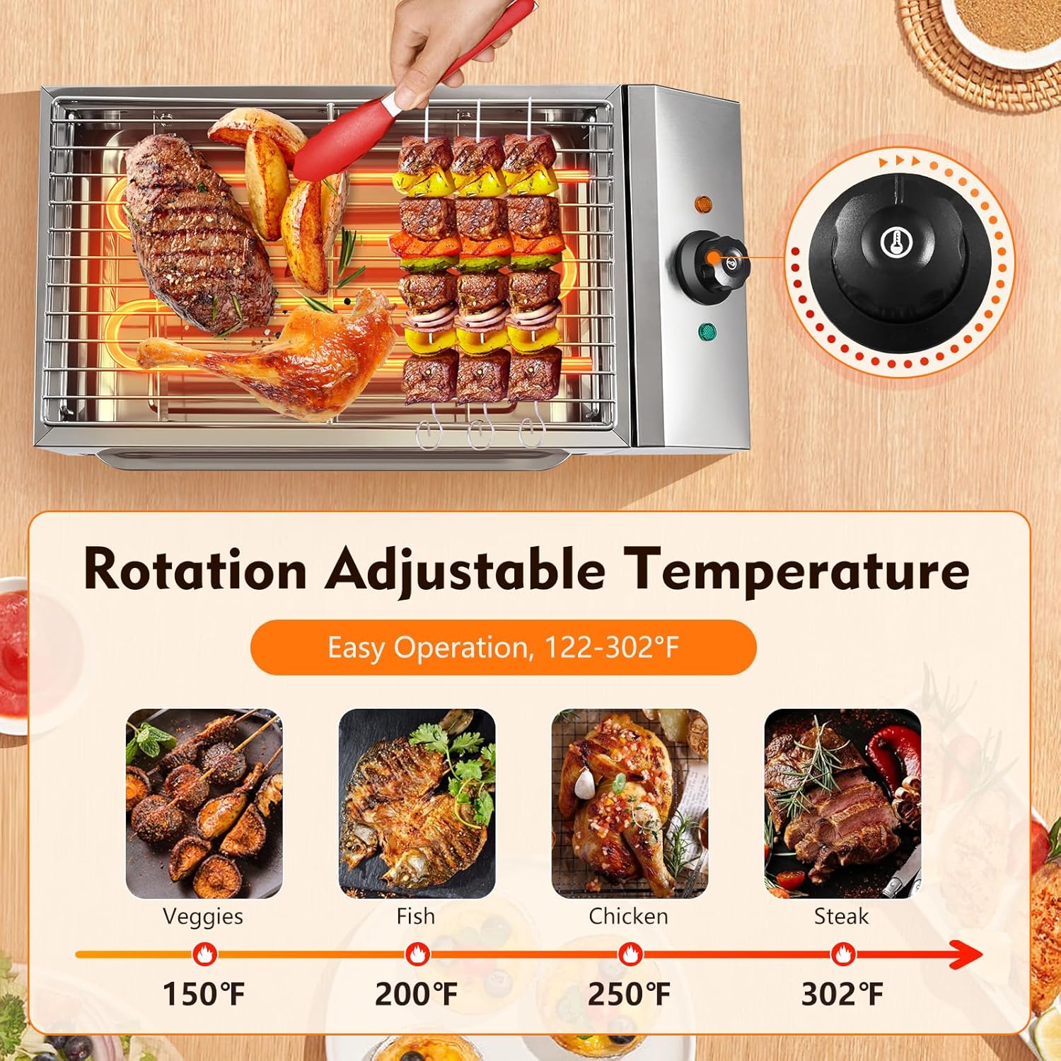 1800W Commercial Electric Grill Smokeless Grill with Adjustable Temperature - Stainless Steel BBQ Cooking Griddle for Families, Barbecue Stores, & Restaurants