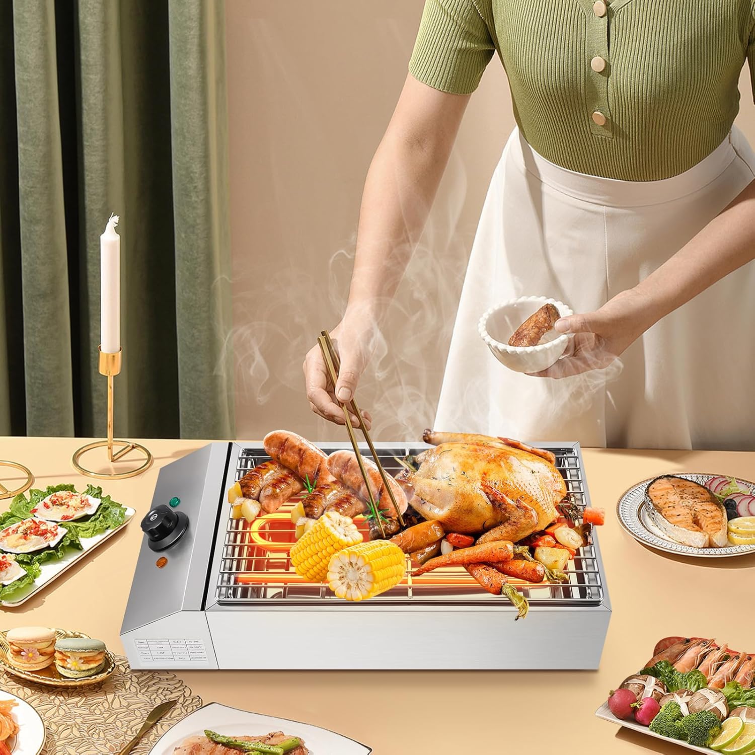 1800W Commercial Electric Grill Smokeless Grill with Adjustable Temperature - Stainless Steel BBQ Cooking Griddle for Families, Barbecue Stores, & Restaurants