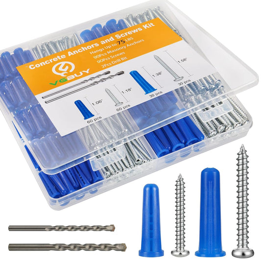 180PCS Conical Concrete Anchors and Screws Assortment Kit with Drill Bit - Ideal for Masonry, Brick, Cement, and Cinder Block
