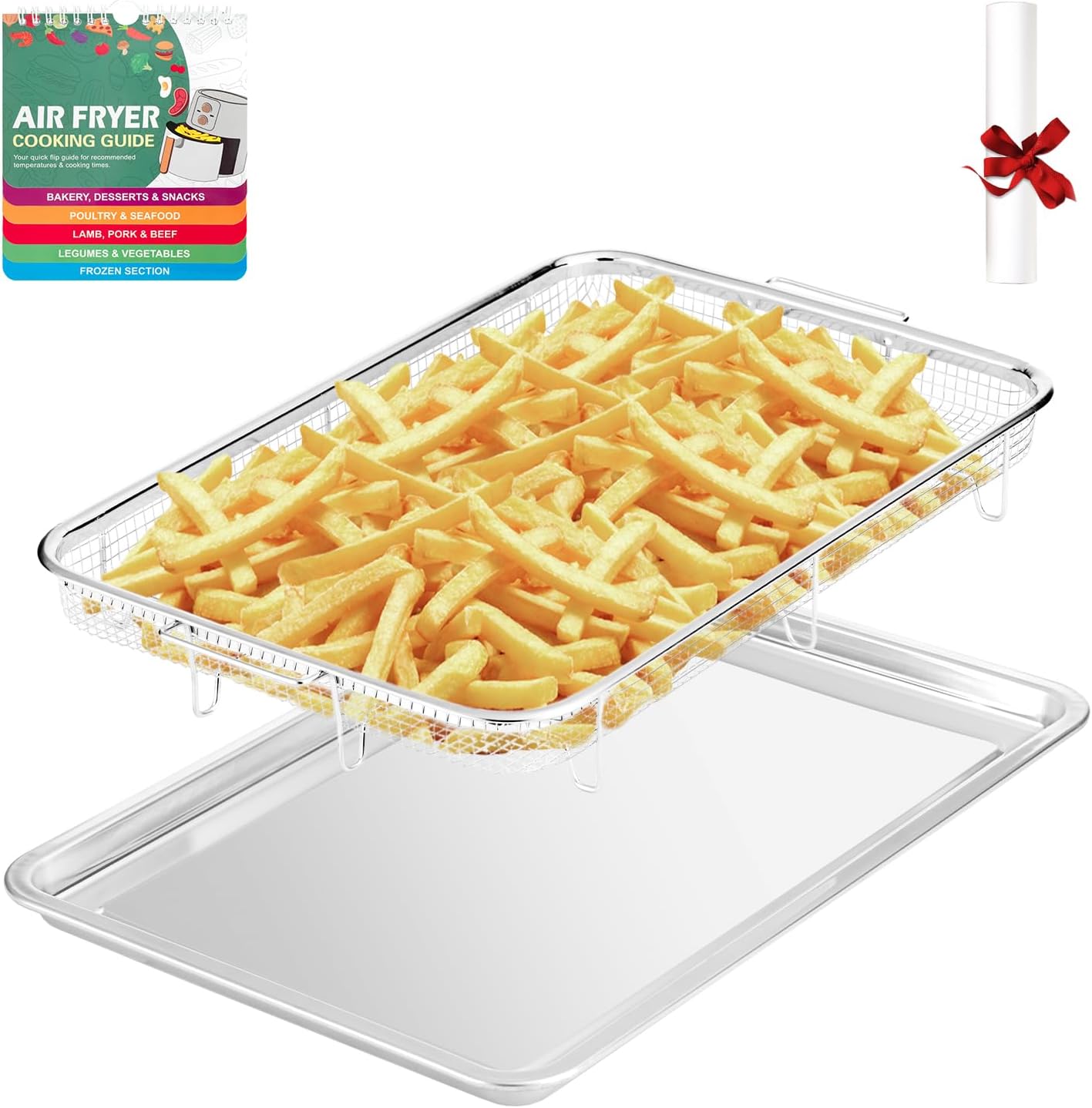 18.7" Oven Air Fryer Basket with Baking Tray, Stainless Steel Accessories Kit incl. 50pcs Air Fryer Paper - Air Fryer Guidance Included
