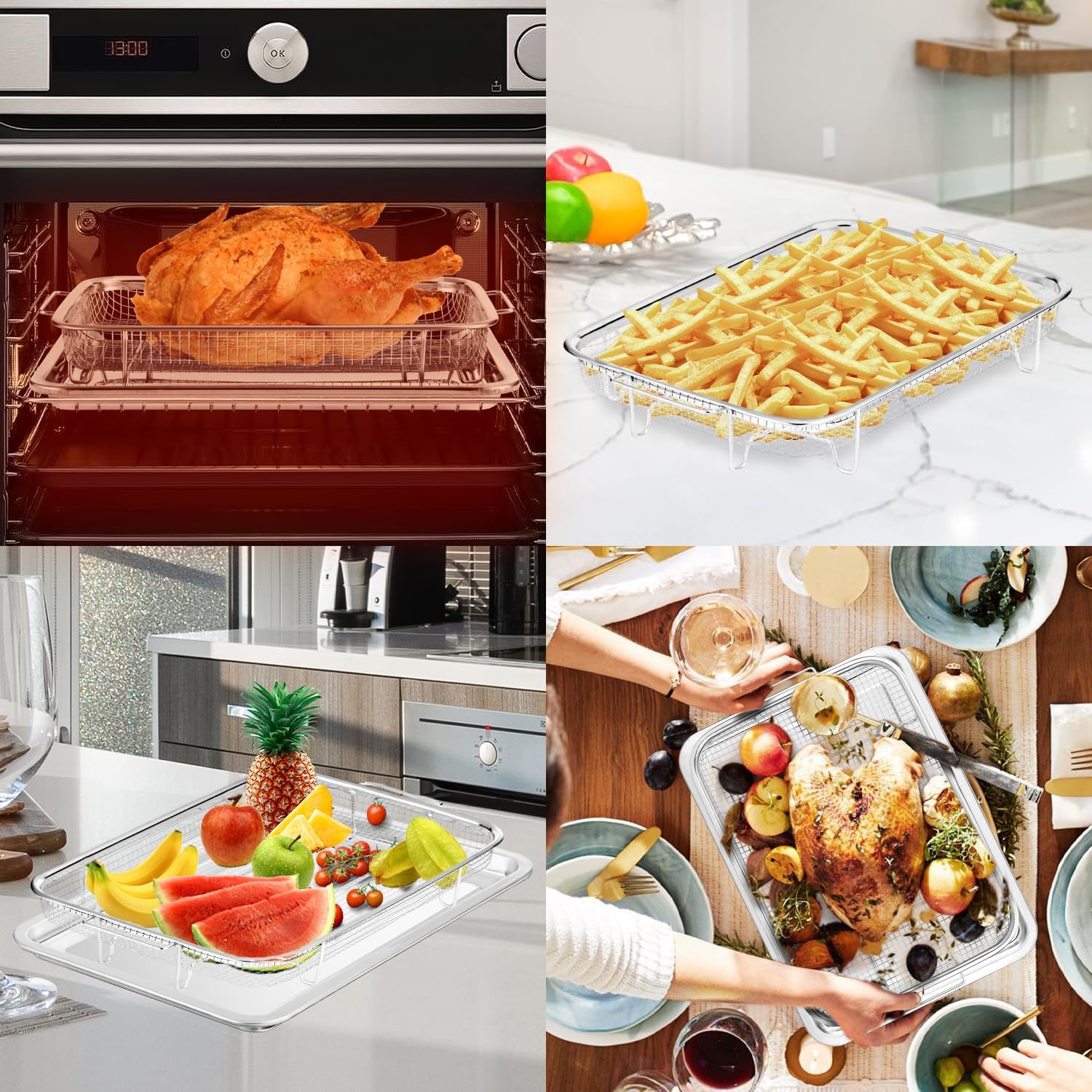 18.7" Oven Air Fryer Basket with Baking Tray, Stainless Steel Accessories Kit incl. 50pcs Air Fryer Paper - Air Fryer Guidance Included