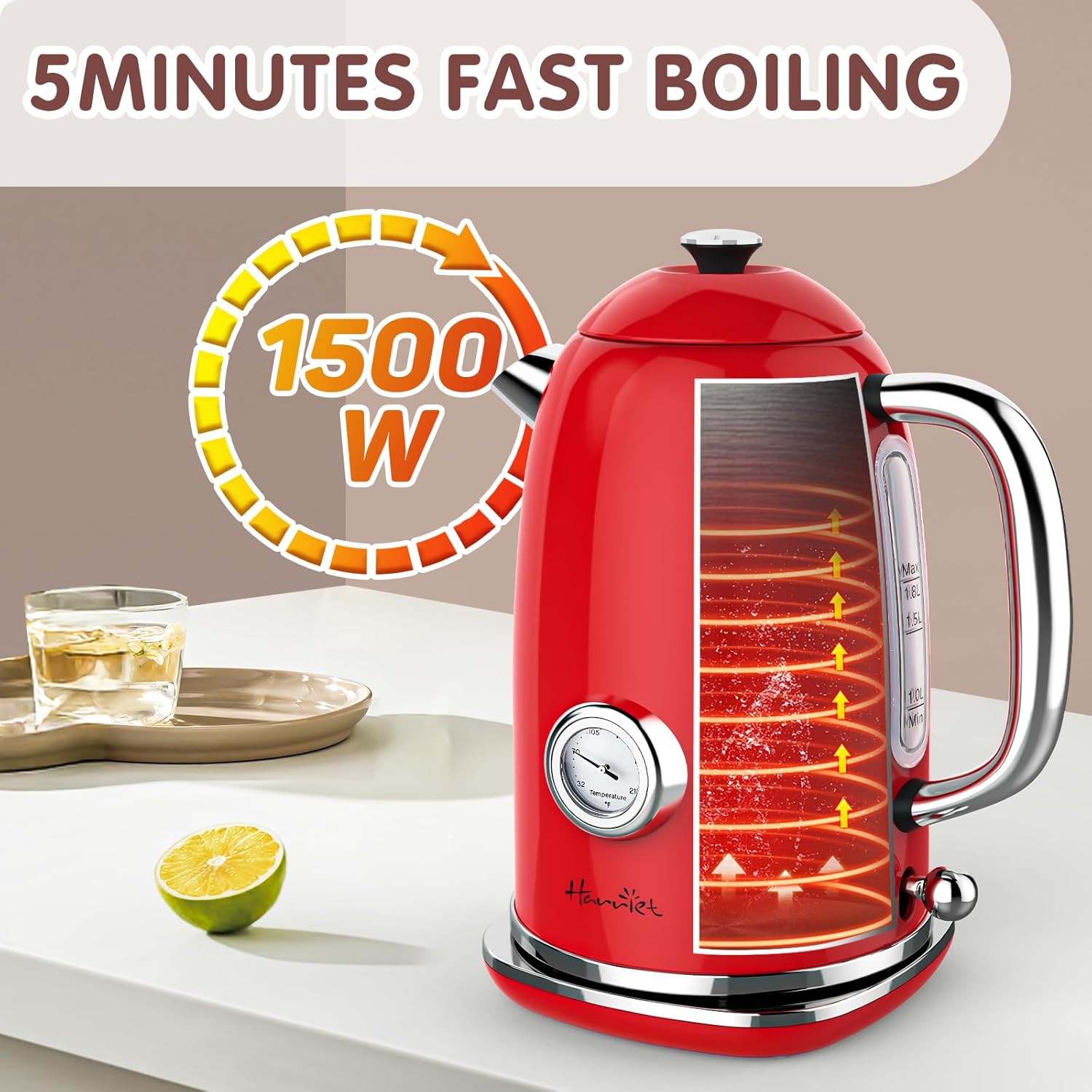 1.8L Stainless Steel Electric Kettle with Thermometer, LED Indicator, Auto Shut-Off - Red