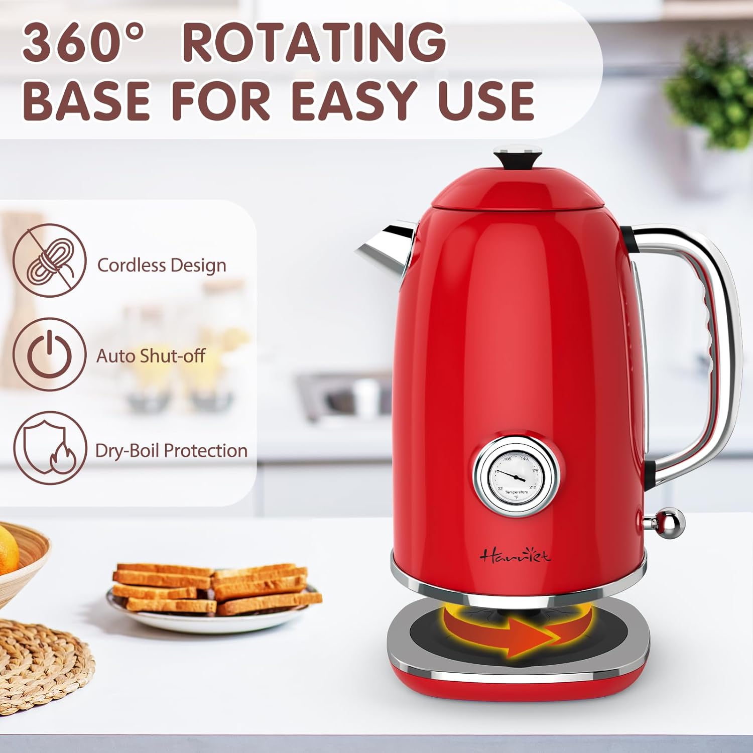 1.8L Stainless Steel Electric Kettle with Thermometer, LED Indicator, Auto Shut-Off - Red