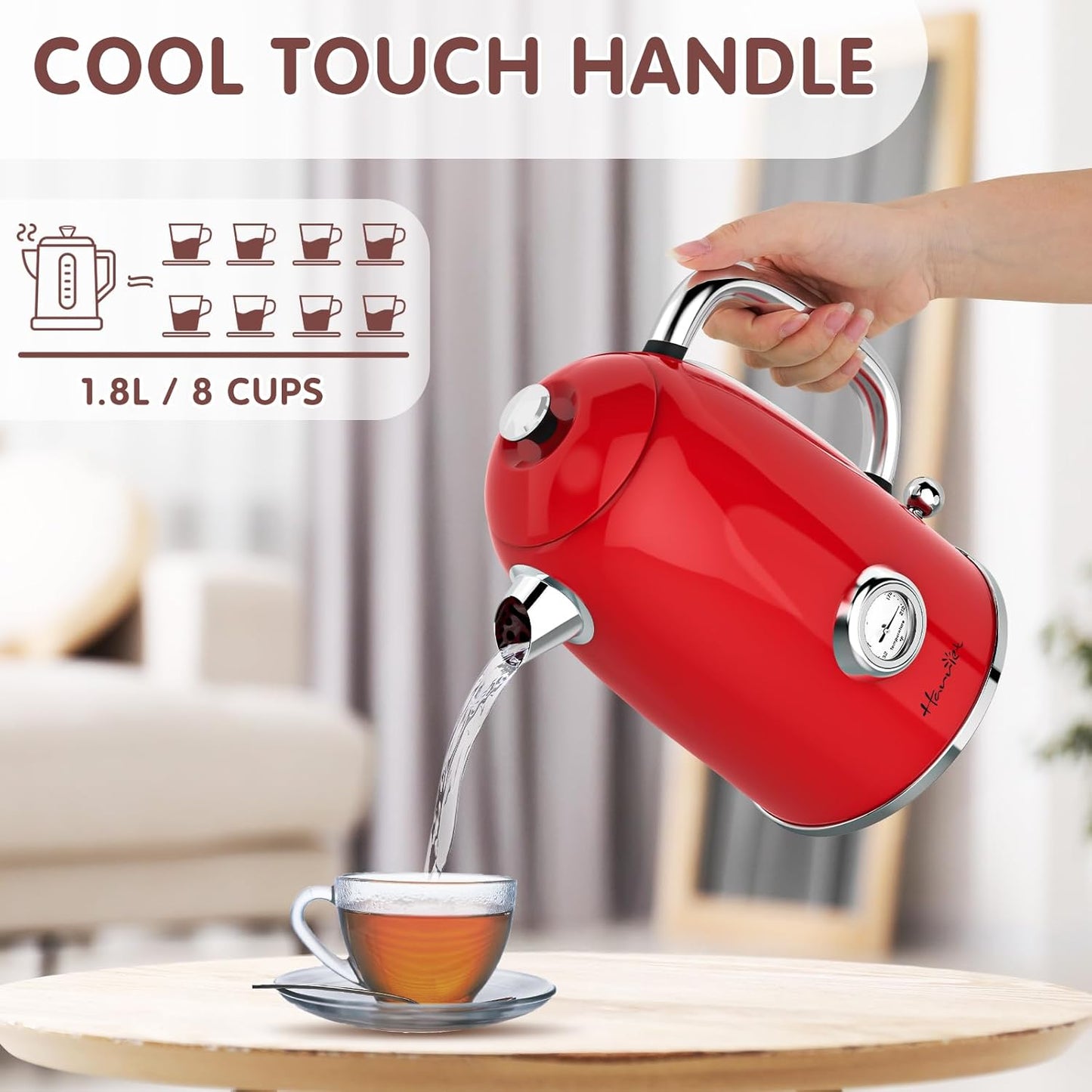 1.8L Stainless Steel Electric Kettle with Thermometer, LED Indicator, Auto Shut-Off - Red
