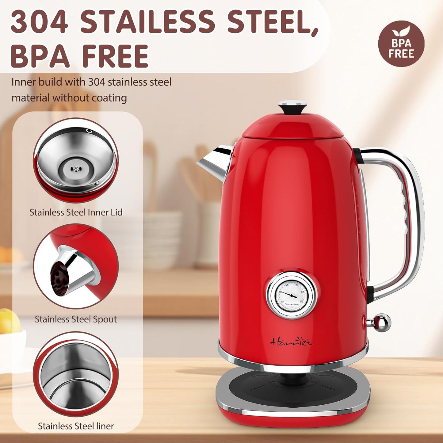 1.8L Stainless Steel Electric Kettle with Thermometer, LED Indicator, Auto Shut-Off - Red