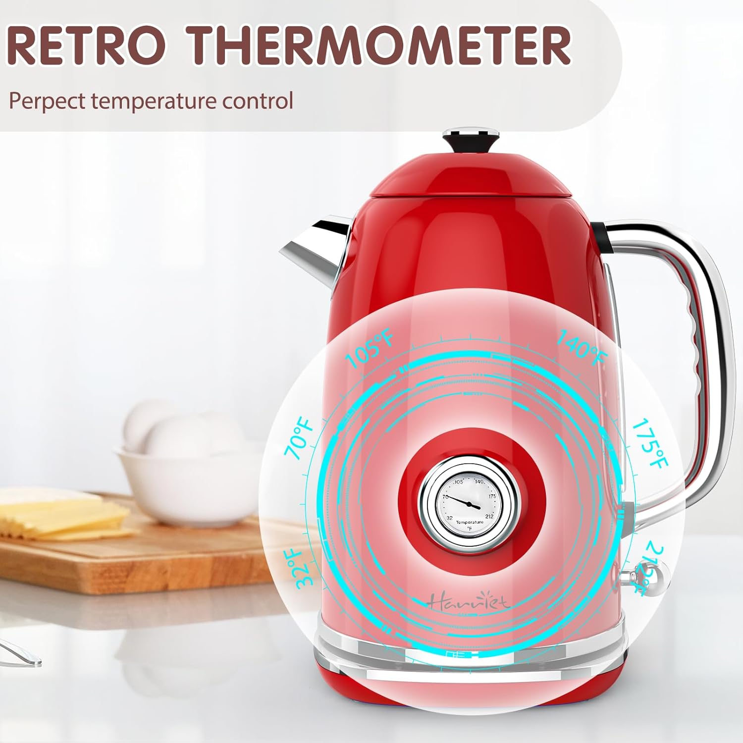 1.8L Stainless Steel Electric Kettle with Thermometer, LED Indicator, Auto Shut-Off - Red