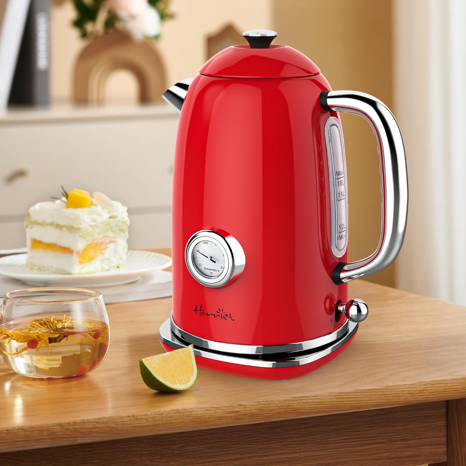 1.8L Stainless Steel Electric Kettle with Thermometer, LED Indicator, Auto Shut-Off - Red