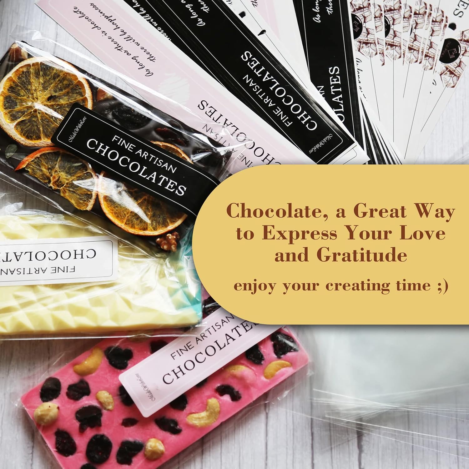 190PCS Chocolate Candy Bar Packaging Wrappers Set with Self Adhesive Bags and Stickers for DIY Chocolate Lovers