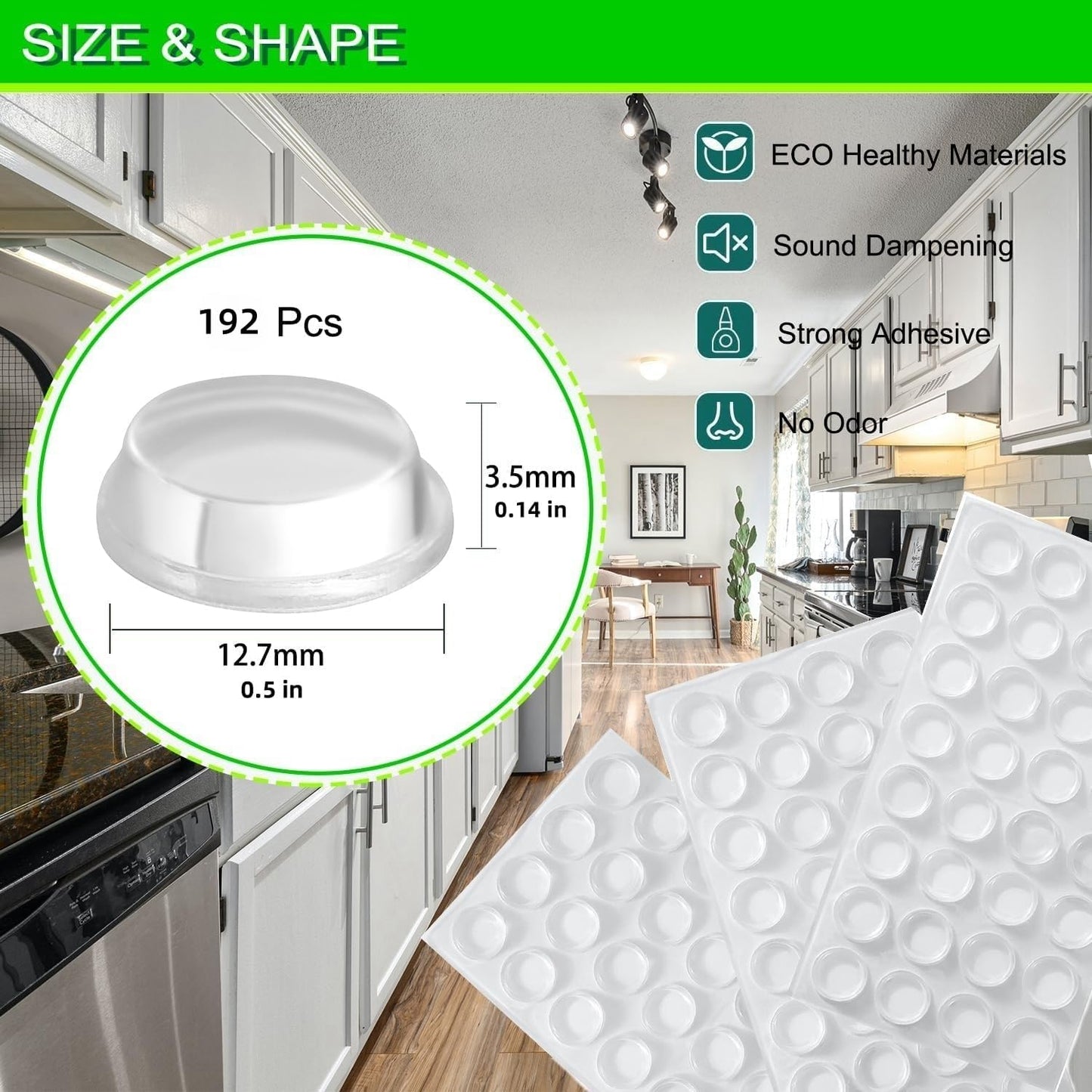 192Pcs Soft Self-Adhesive Clear Rubber Cabinet Bumpers for Furniture - Noise Reducing Silicone Dots for Cabinet Doors - Extremely Durable