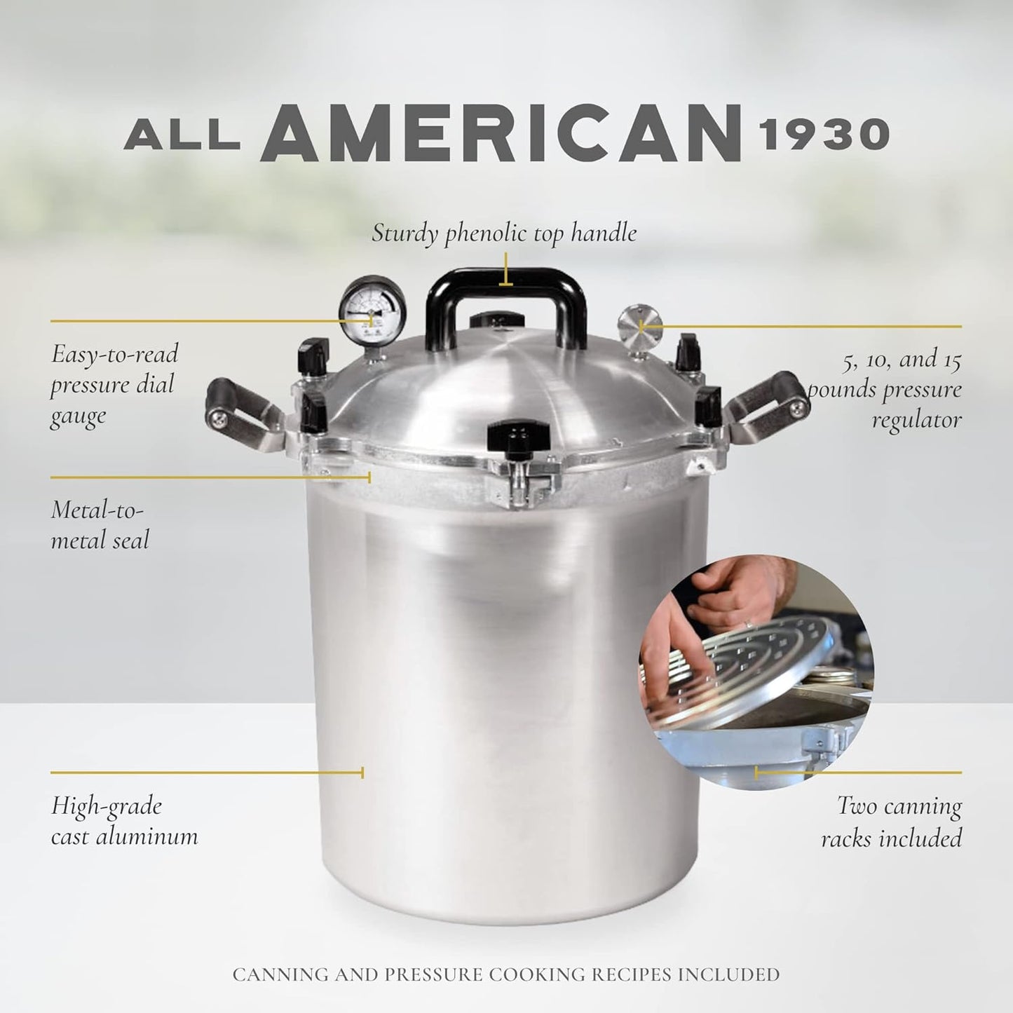 1930 All American 30qt Pressure Cooker/Canner (The 930) - Metal-to-Metal Seal - Easy Open/Close - Gas/Electric Stove - USA Made