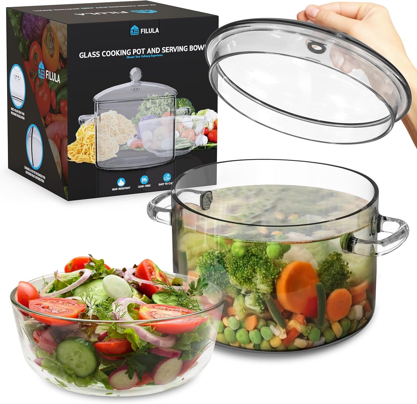 1.9L Heat-Resistant Glass Pot with Lid for Stove Cooking - Glass Saucepan with Bowl and Lid, Microwave & Dishwasher Safe