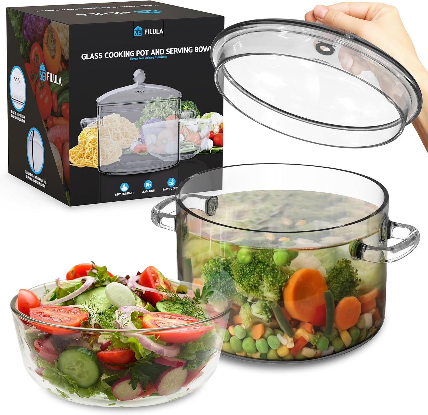 1.9L Heat-Resistant Glass Pot with Lid for Stove Cooking - Glass Saucepan with Bowl and Lid, Microwave & Dishwasher Safe