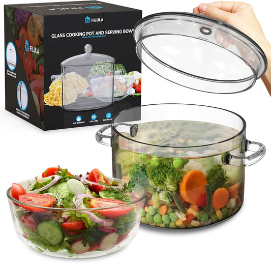 1.9L Heat-Resistant Glass Pot with Lid for Stove Cooking - Glass Saucepan with Bowl and Lid, Microwave & Dishwasher Safe