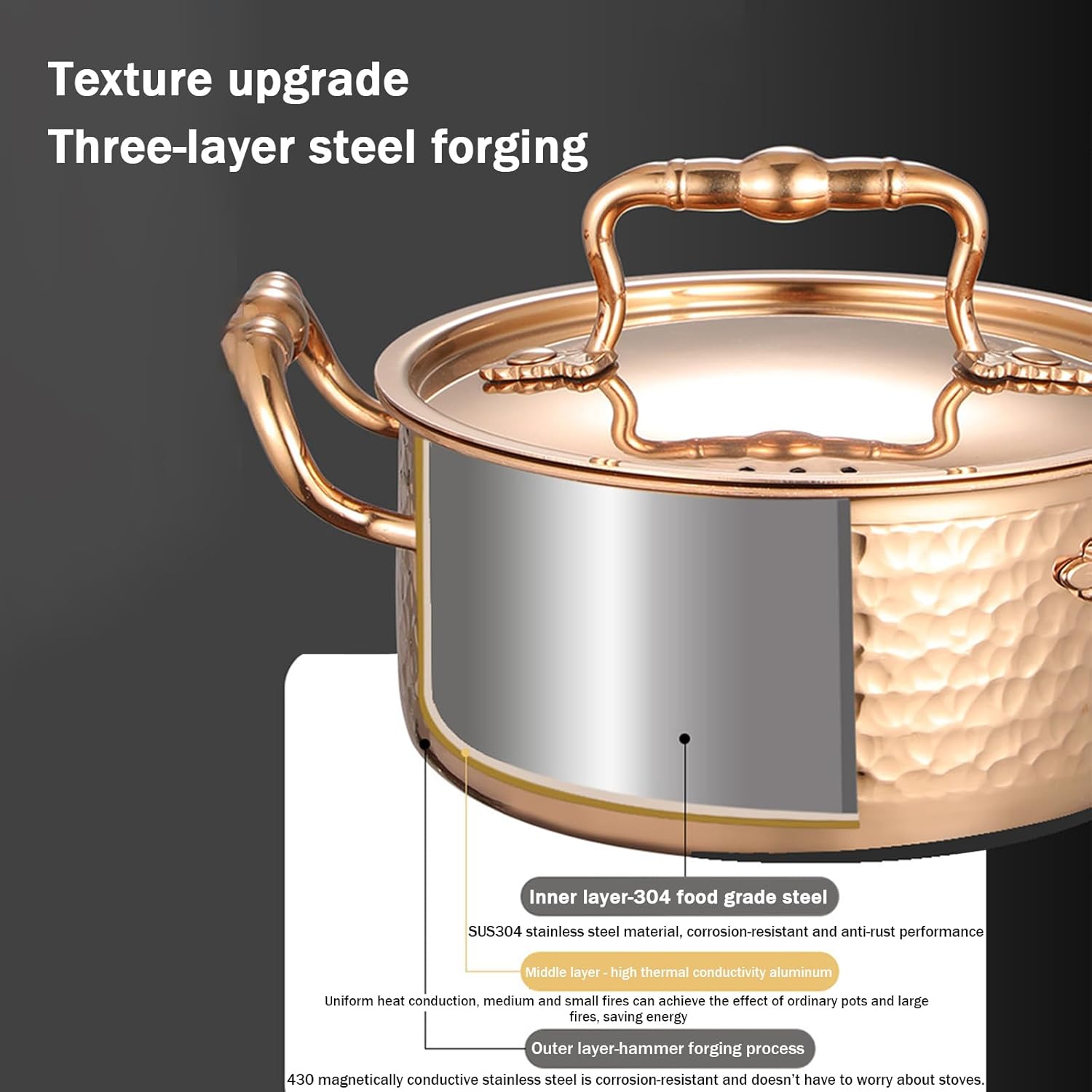 1L YAODFYL 304 Stainless Steel Stock Pot with Lid and Spoon - Nonstick Large Stockpot for Home Kitchen and Restaurant Use on All Stoves - Silver/Gold