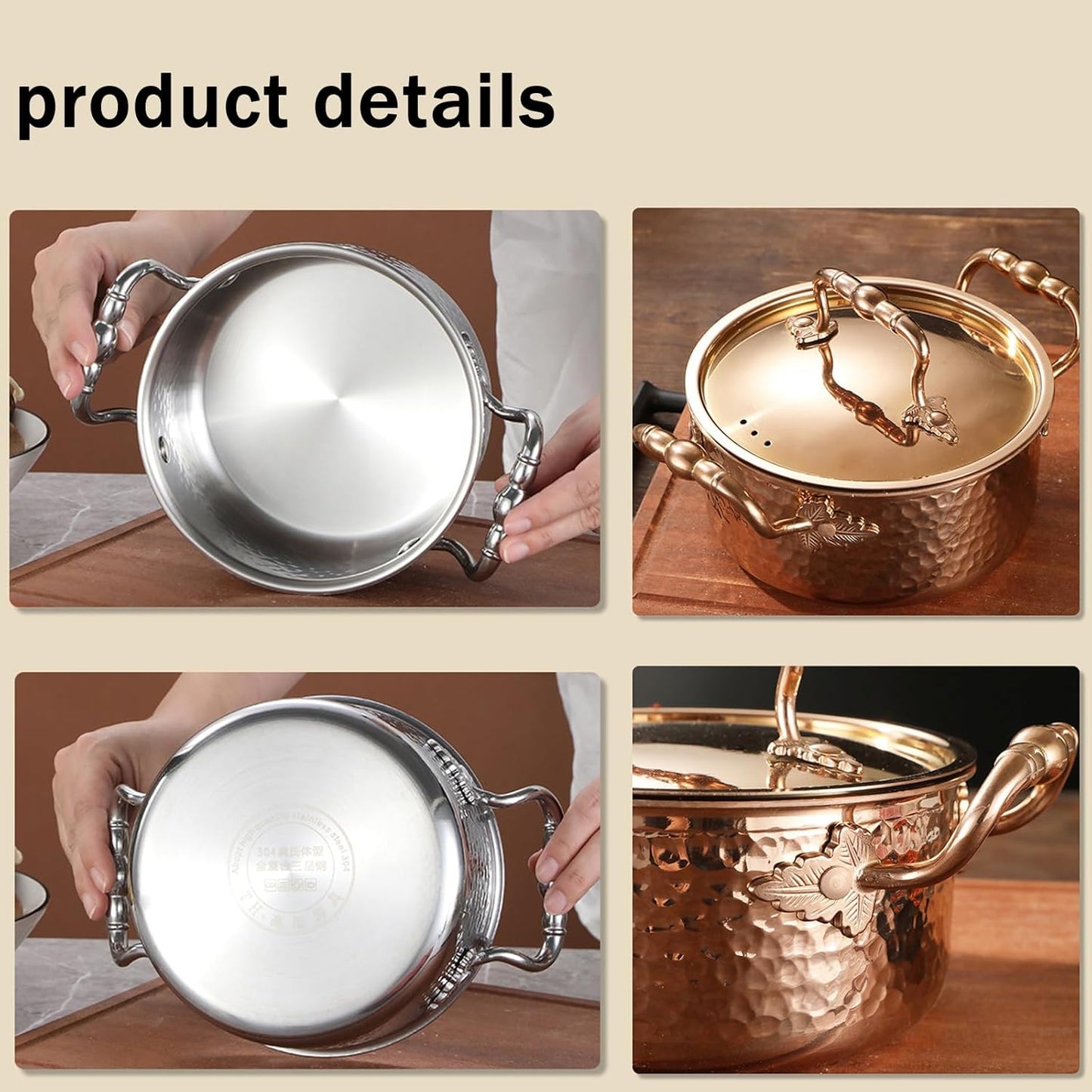 1L YAODFYL 304 Stainless Steel Stock Pot with Lid and Spoon - Nonstick Large Stockpot for Home Kitchen and Restaurant Use on All Stoves - Silver/Gold
