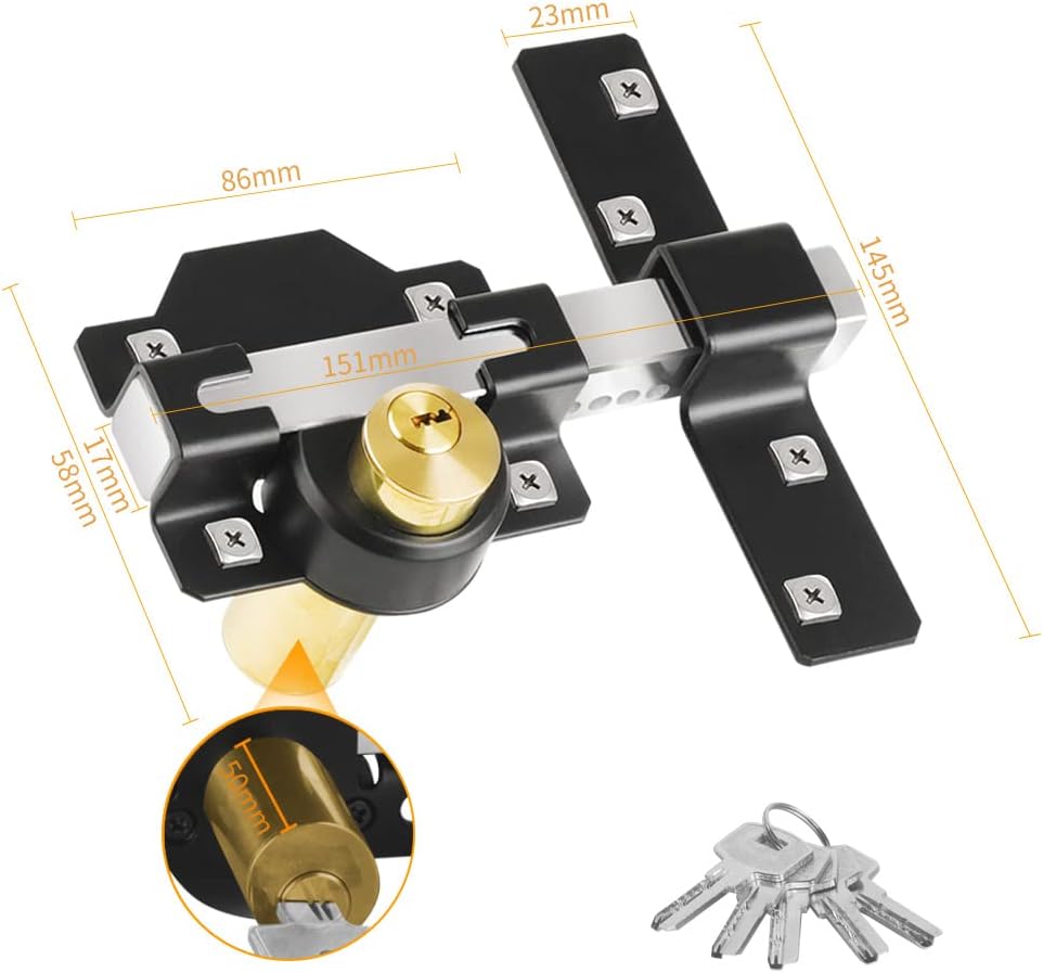 2" HeavenBird Barn Door Lock with 5 Keys - Double Sided Fence Gate Latch for Wooden Garden Gate, Right & Left Door