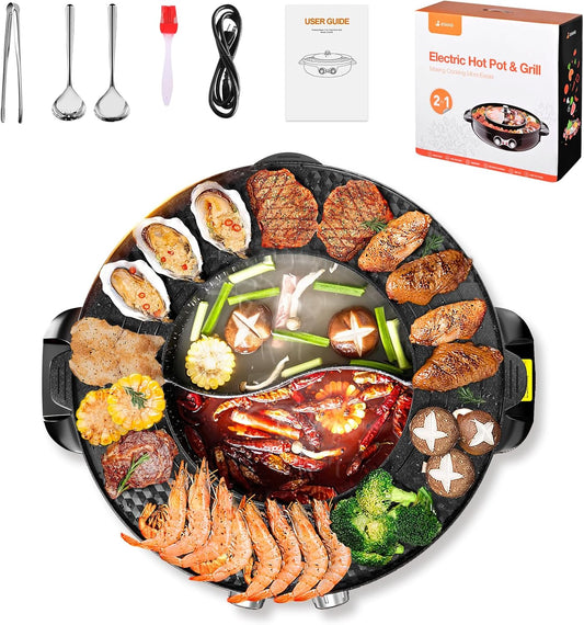 2-in-1 Electric Hot Pot Grill Cooker with 2000W Power and Dual Temperature Control for 1-8 People