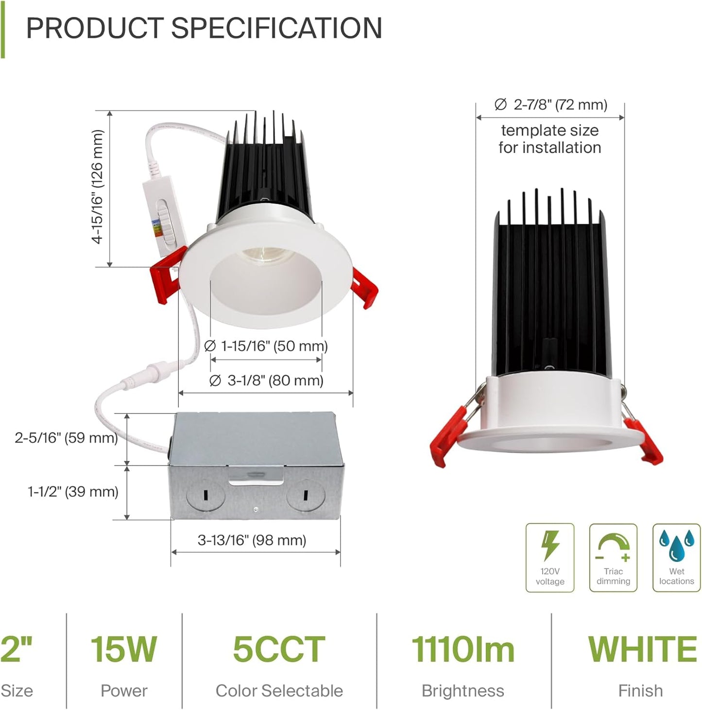 2 Inch Round LED Downlight with 5 CCT Options, Dimmable Canless Recessed Lighting for Ceiling - 15W 120V, CRI 90+, IC Rated, ETL Listed, Energy Star Certified, Smooth Reflector - White
