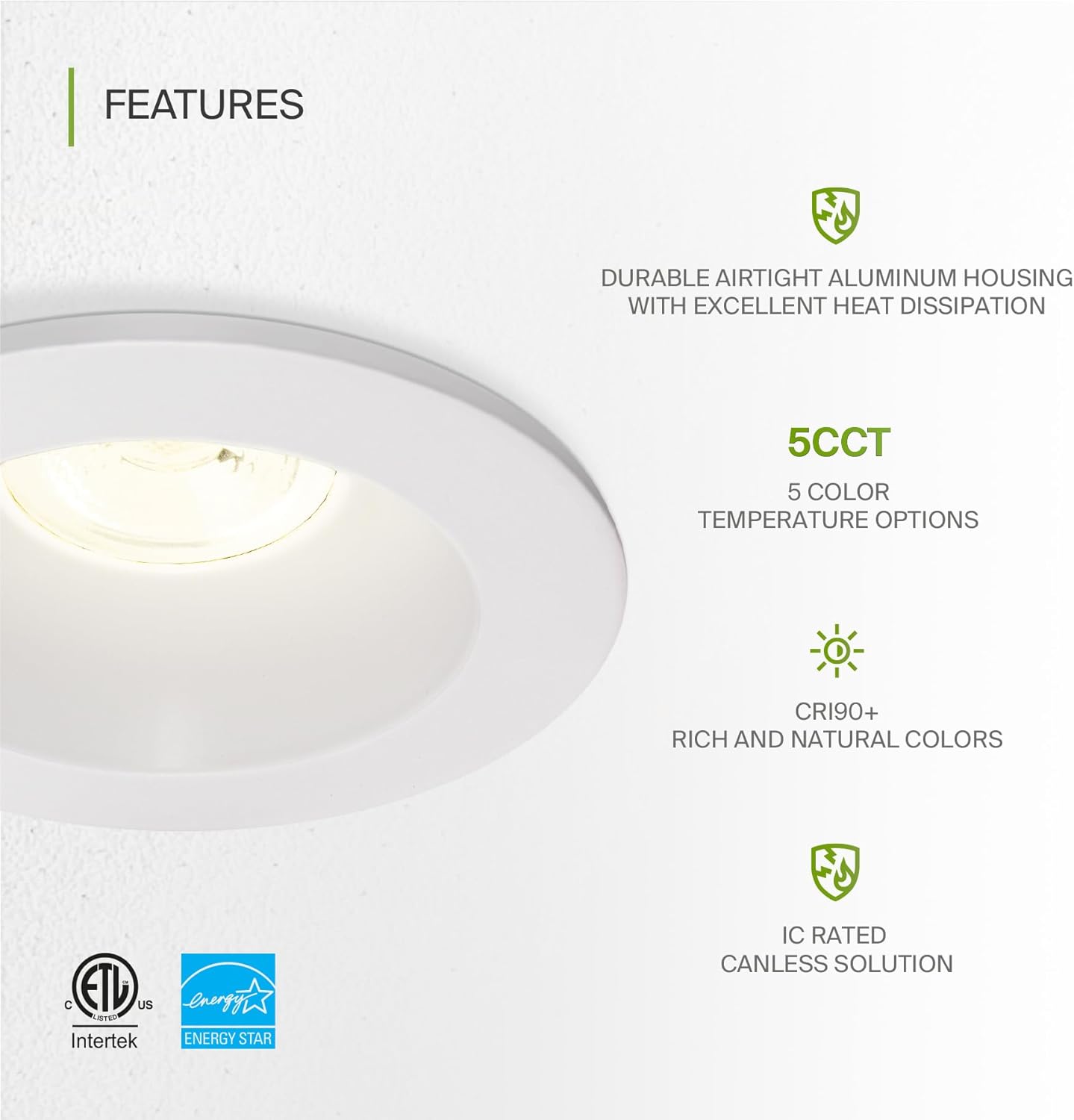 2 Inch Round LED Downlight with 5 CCT Options, Dimmable Canless Recessed Lighting for Ceiling - 15W 120V, CRI 90+, IC Rated, ETL Listed, Energy Star Certified, Smooth Reflector - White