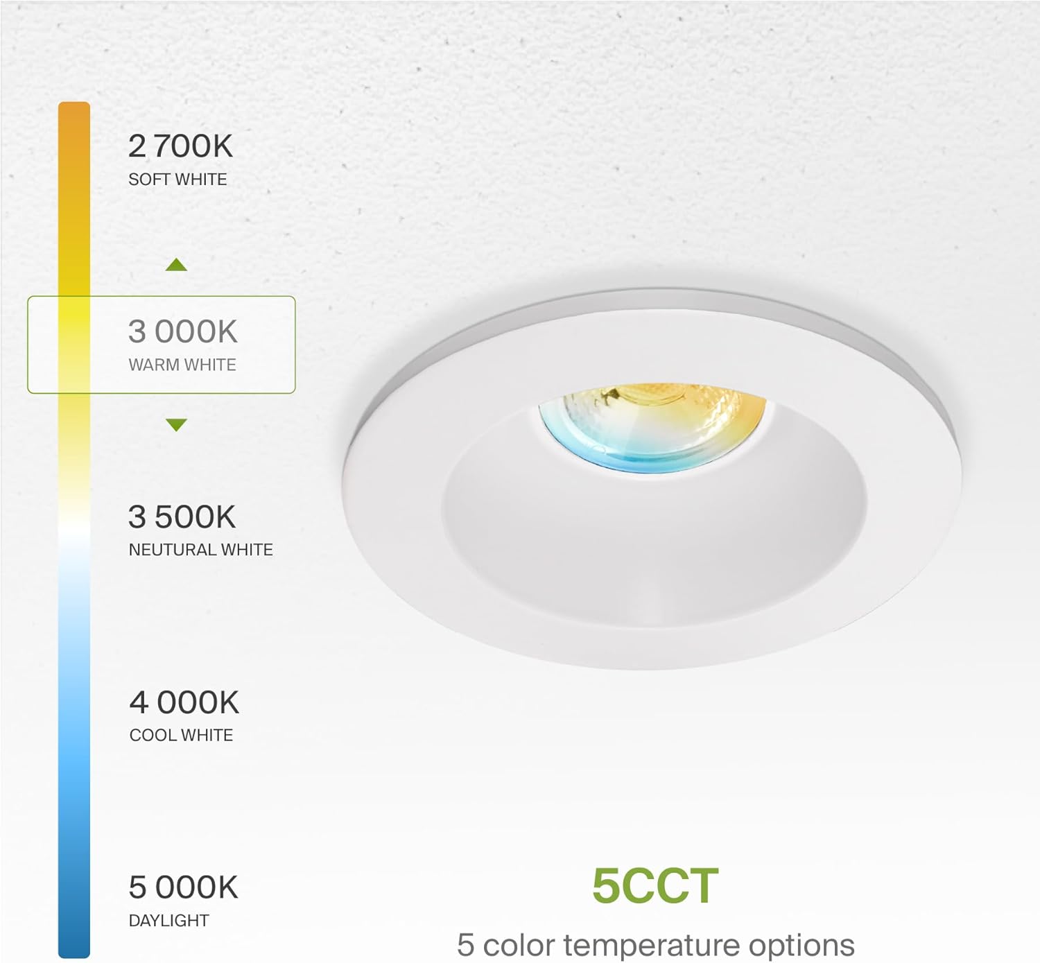 2 Inch Round LED Downlight with 5 CCT Options, Dimmable Canless Recessed Lighting for Ceiling - 15W 120V, CRI 90+, IC Rated, ETL Listed, Energy Star Certified, Smooth Reflector - White