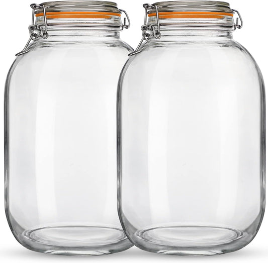 2 Pack 1 Gallon Glass Jars with Airtight Lids - Wide Mouth Storage Mason Jars for Fermenting, Canning, Preserving - Includes 1 Replacement Silicone Gasket