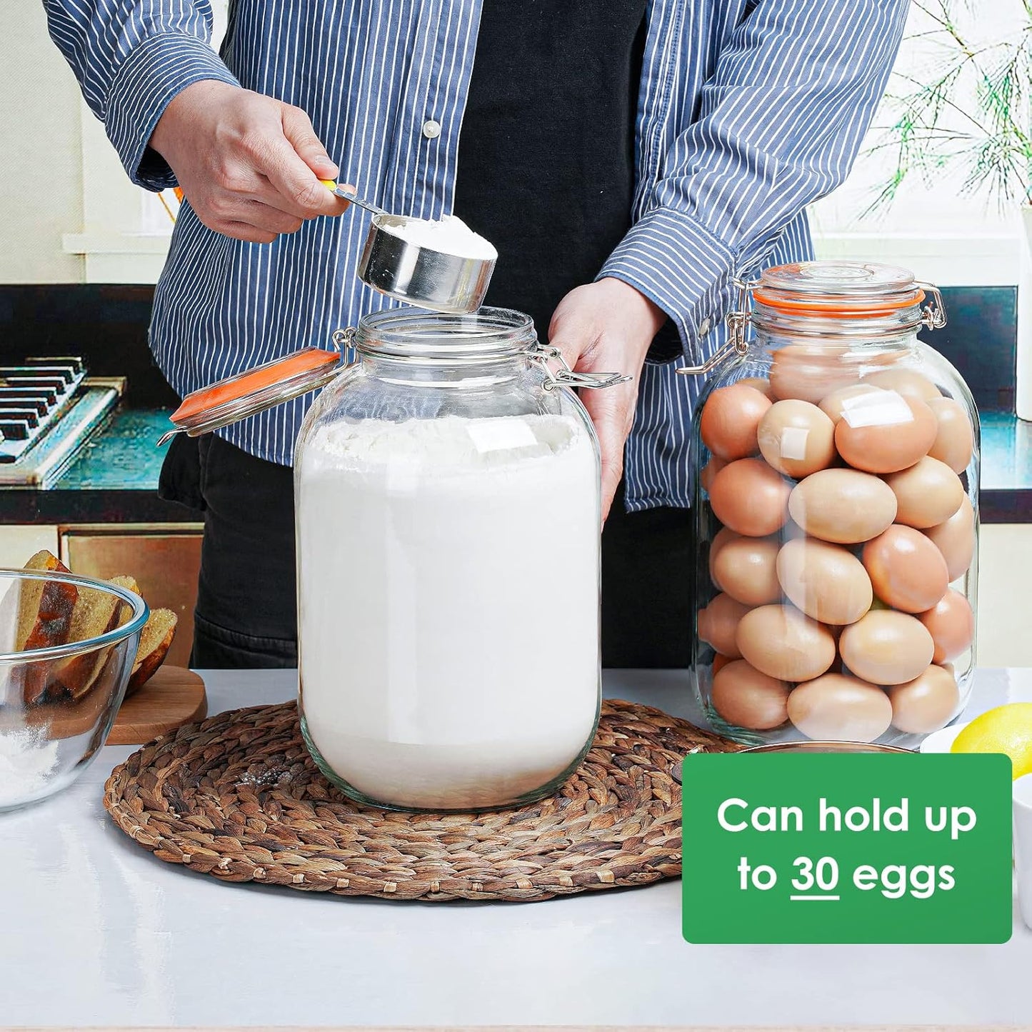 2 Pack 1 Gallon Glass Jars with Airtight Lids - Wide Mouth Storage Mason Jars for Fermenting, Canning, Preserving - Includes 1 Replacement Silicone Gasket