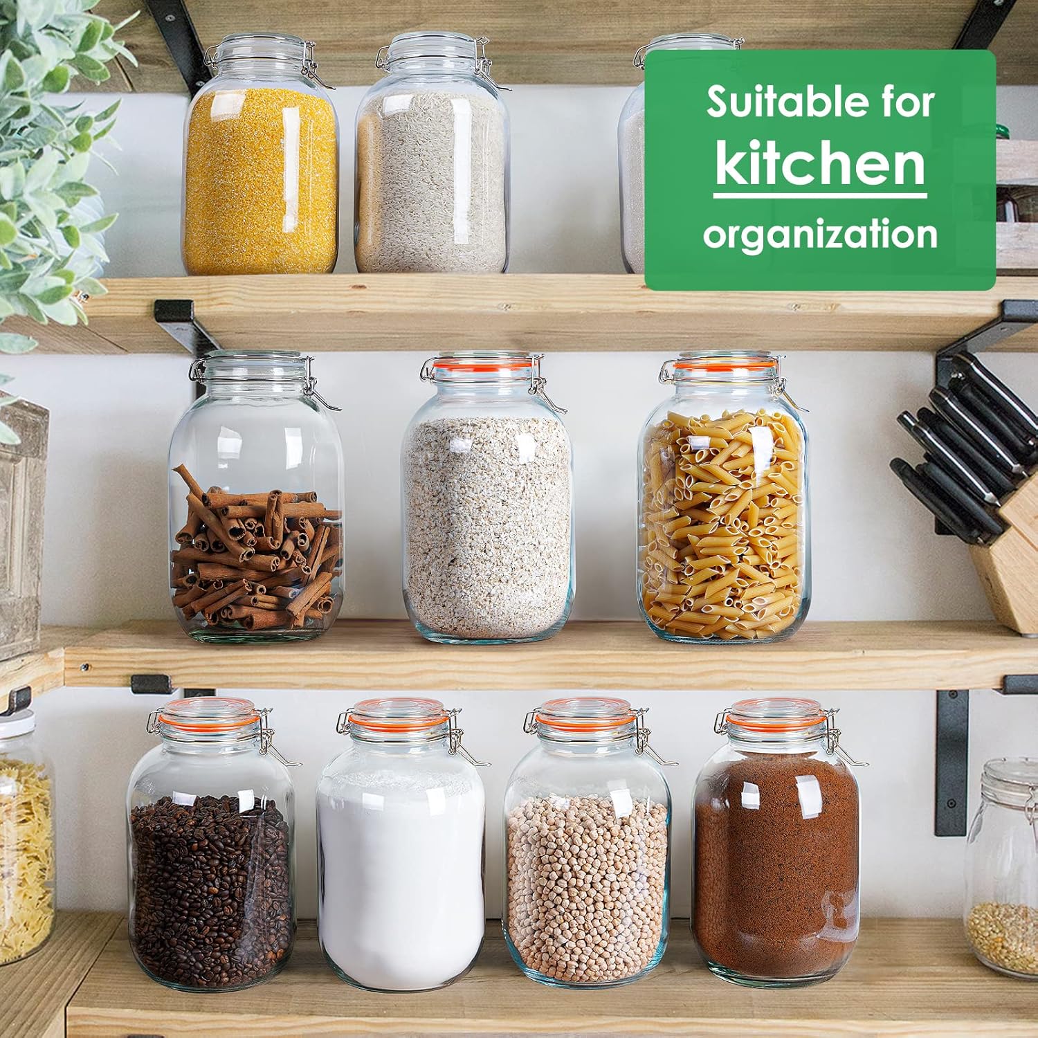 2 Pack 1 Gallon Glass Jars with Airtight Lids - Wide Mouth Storage Mason Jars for Fermenting, Canning, Preserving - Includes 1 Replacement Silicone Gasket