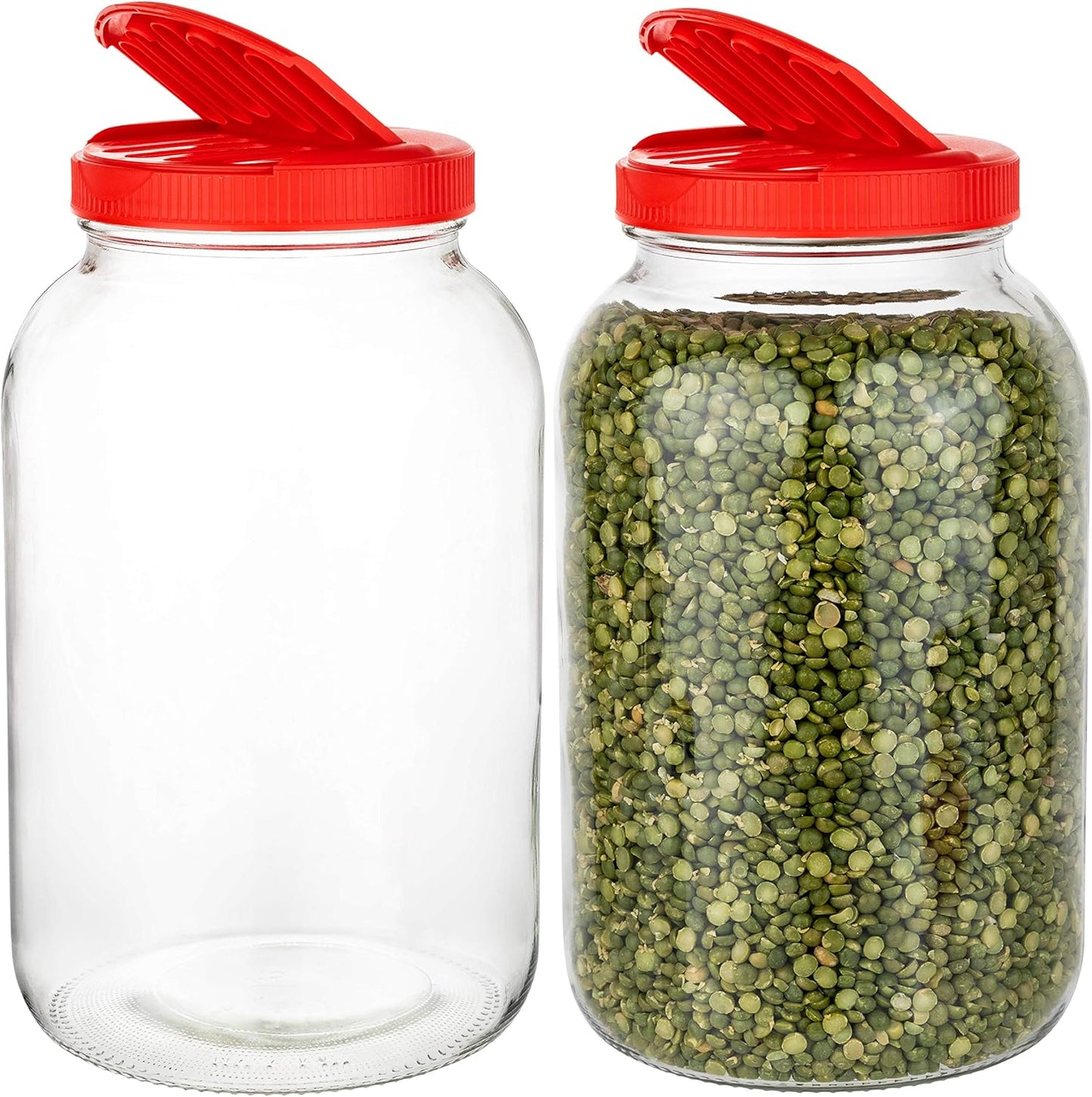 2 Pack 1 Gallon Mason Jar Wide Mouth Glass Container with Red Slotted Pour Cap - Ideal for Dry Foods, Spices, Pasta, Legumes, Pet Food - Plastic Lid Included