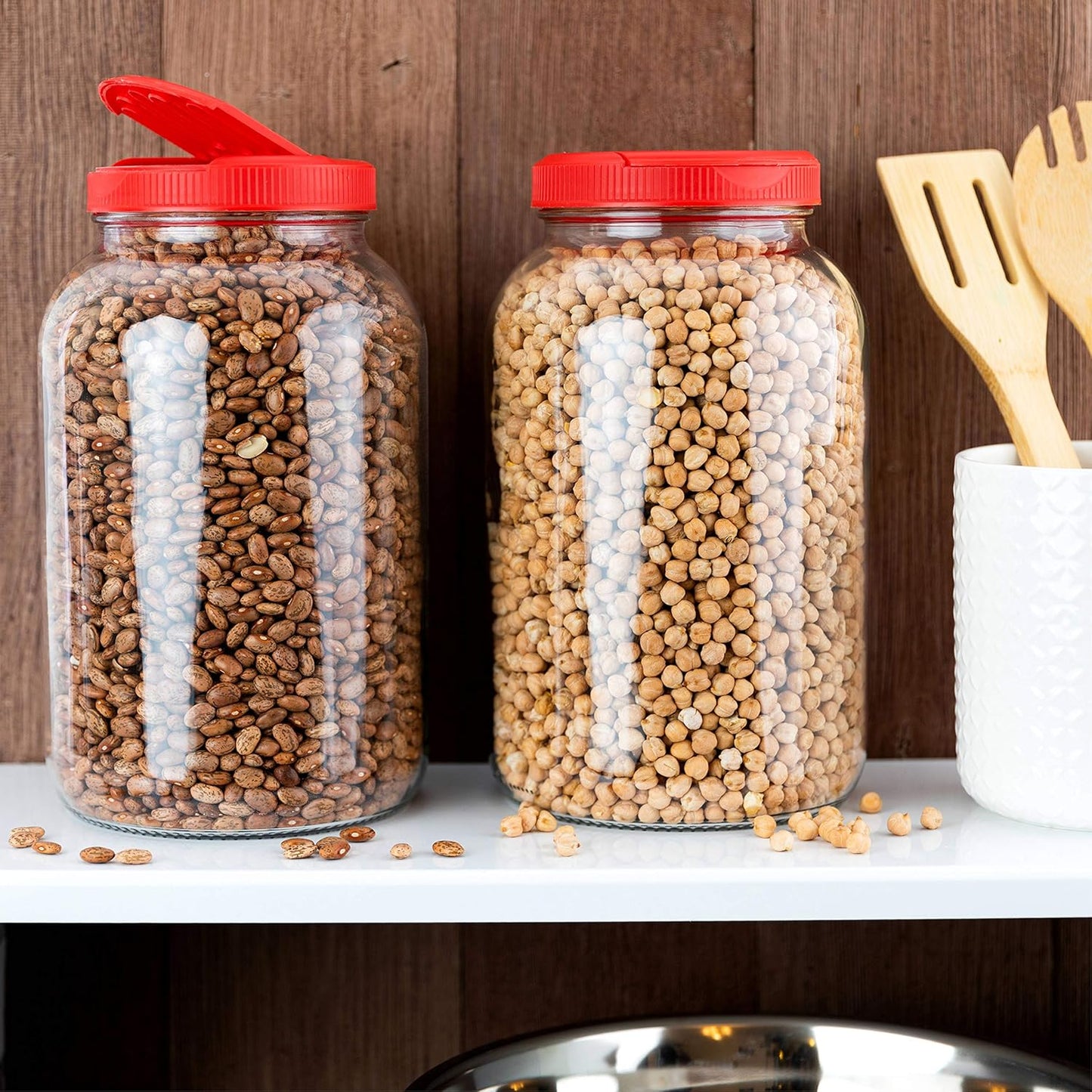 2 Pack 1 Gallon Mason Jar Wide Mouth Glass Container with Red Slotted Pour Cap - Ideal for Dry Foods, Spices, Pasta, Legumes, Pet Food - Plastic Lid Included