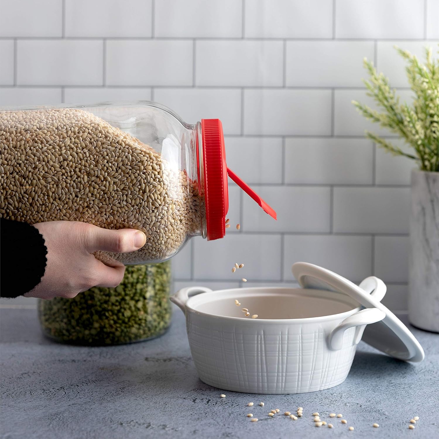 2 Pack 1 Gallon Mason Jar Wide Mouth Glass Container with Red Slotted Pour Cap - Ideal for Dry Foods, Spices, Pasta, Legumes, Pet Food - Plastic Lid Included