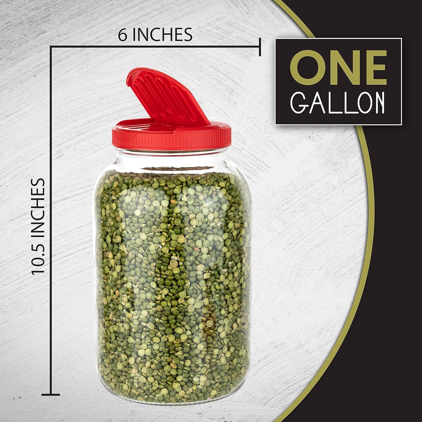 2 Pack 1 Gallon Mason Jar Wide Mouth Glass Container with Red Slotted Pour Cap - Ideal for Dry Foods, Spices, Pasta, Legumes, Pet Food - Plastic Lid Included