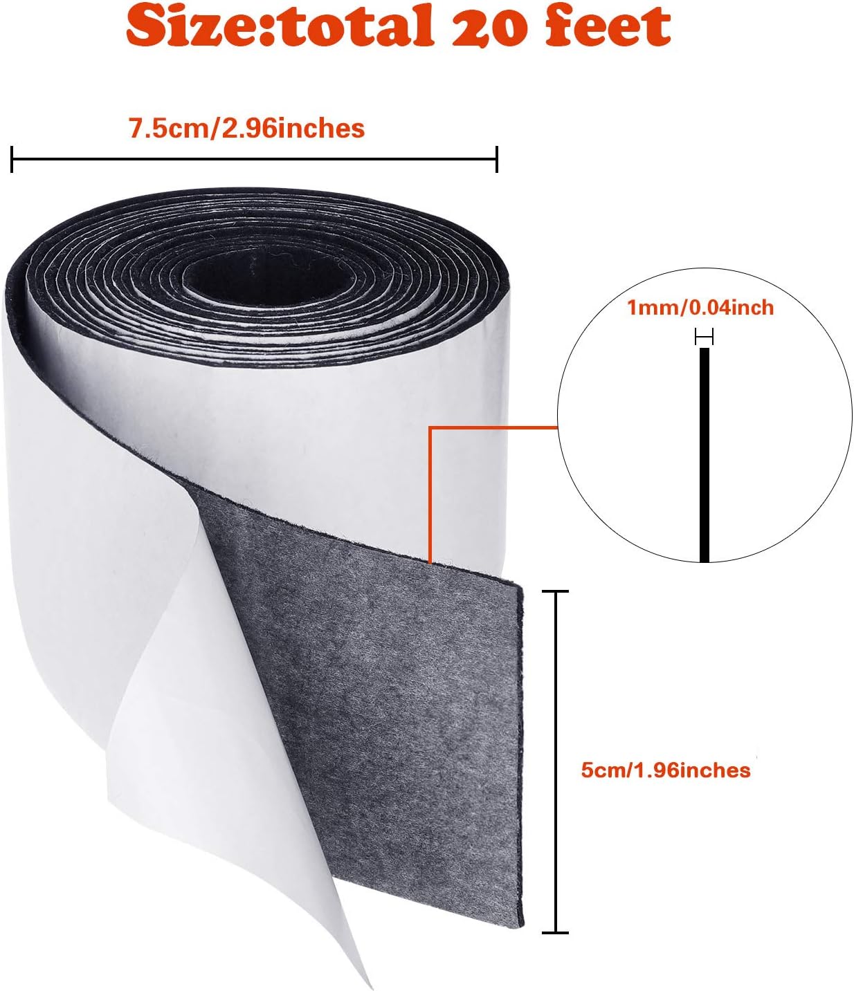 2 Pack 20 Ft Black Felt Strips with Adhesive Backing - Self Adhesive Tape Roll for Furniture Pads, Chair Wall Protector