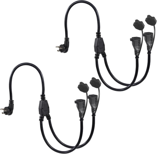 2-Pack 2FT Black Flat Wall Plug Outdoor Power Extension Cord with 2 Outlets - Y Splitter Waterproof 3 Prong Extension Cord, 125V 13A 16AWG