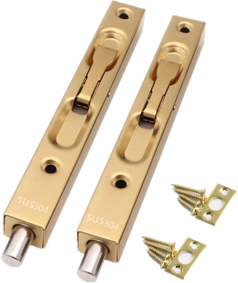 2-Pack 304 Stainless Steel 6 inch Security Door Bolt Latch Set - Hidden Double Door Lever Action Flush Bolt for French Doors - Golden Finish