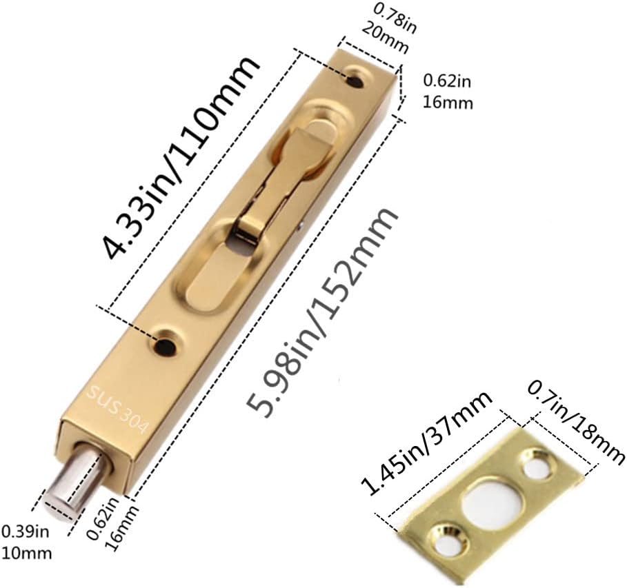 2-Pack 304 Stainless Steel 6 inch Security Door Bolt Latch Set - Hidden Double Door Lever Action Flush Bolt for French Doors - Golden Finish