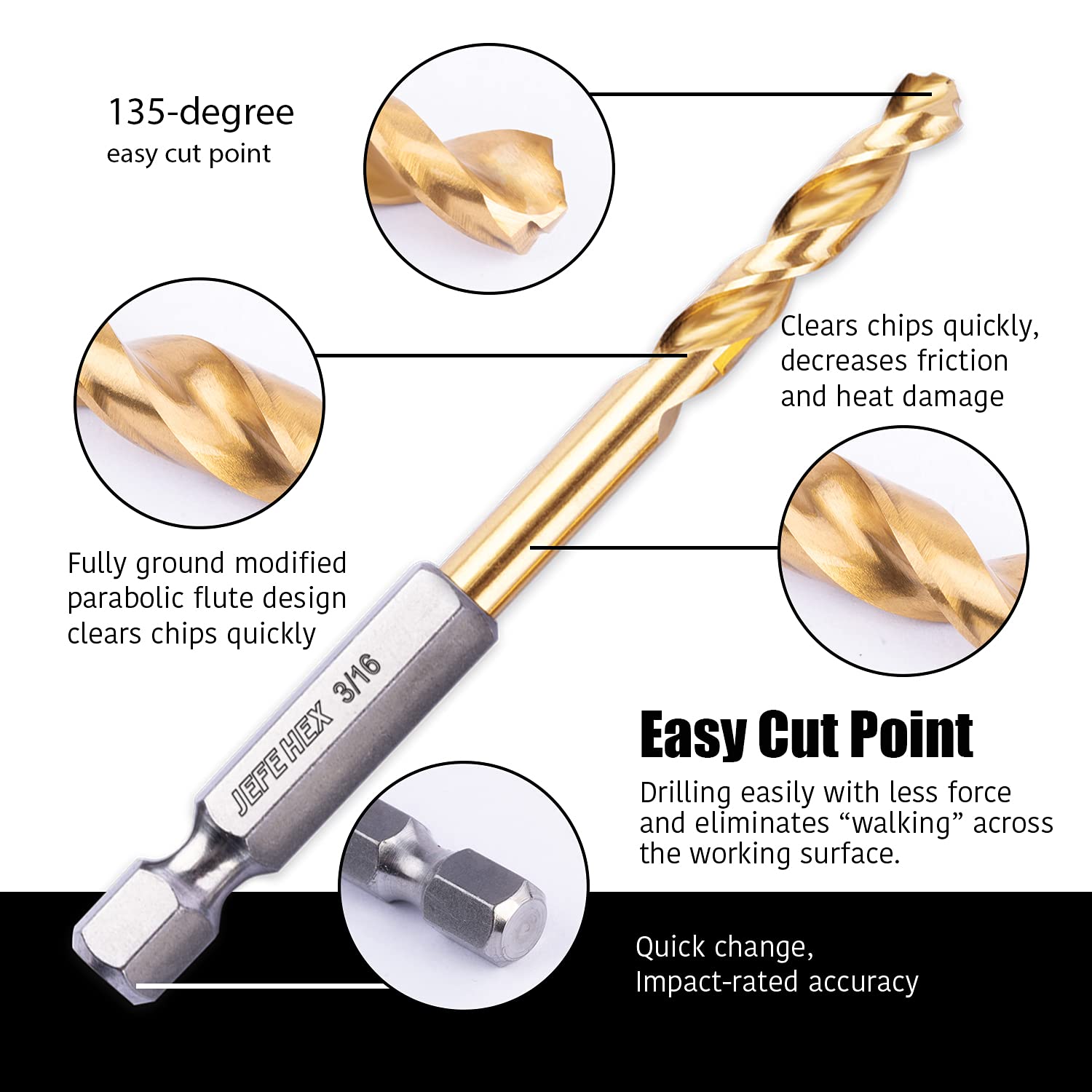 2-Pack 3/16" HSS Hex Shank Twist Drill Bits with 135 Degree Split Point for Steel, Copper, Aluminum, Wood, Plastic - Quick Change