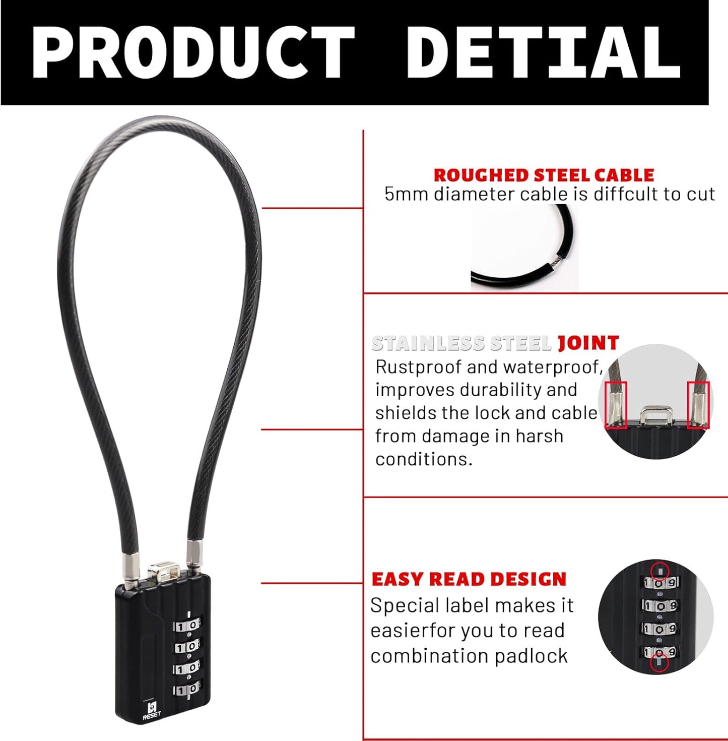 2 Pack 4 Digit Combination Padlock with 12 inch Steel Cable for Trash Can, Locker, Gym, Luggage - Black - WildKart