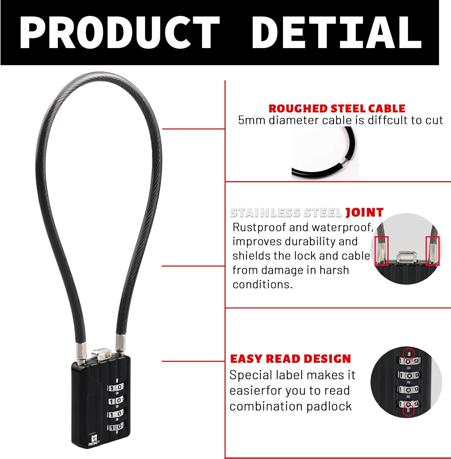 2 Pack 4 Digit Combination Padlock with 12 inch Steel Cable for Trash Can, Locker, Gym, Luggage - Black - WildKart