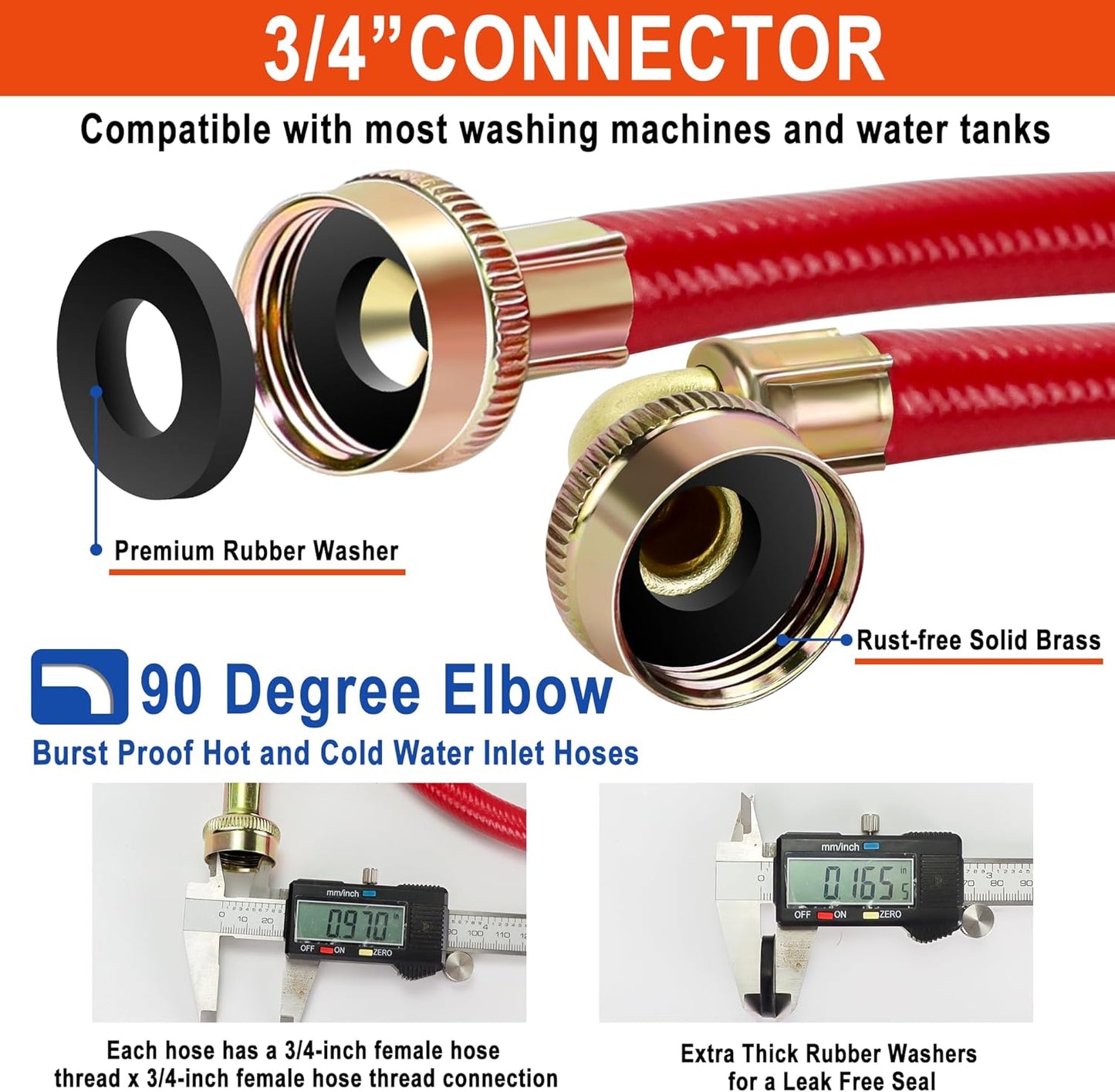 2 Pack 4 FT Rubber Washing Machine Hoses with 90 Degree Elbows - No-Lead Burst-proof Hot/Cold Water Supply Hoses for Washer by Fetechmate